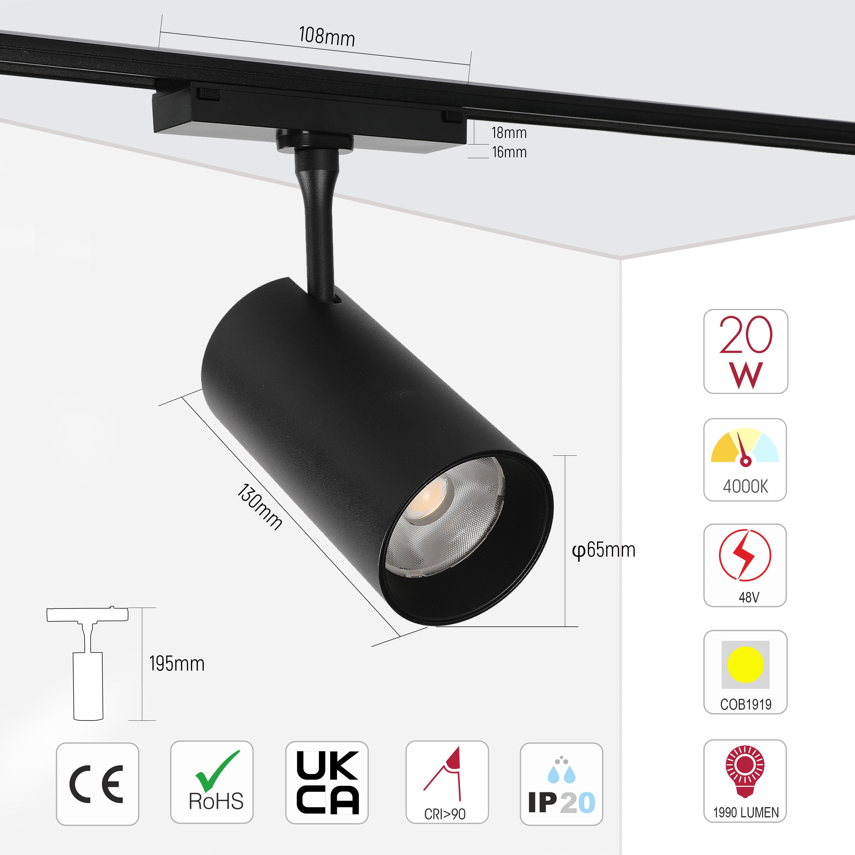 Magnetic Cylinder Slim LED Track Light, 20W 48V 4000K Black