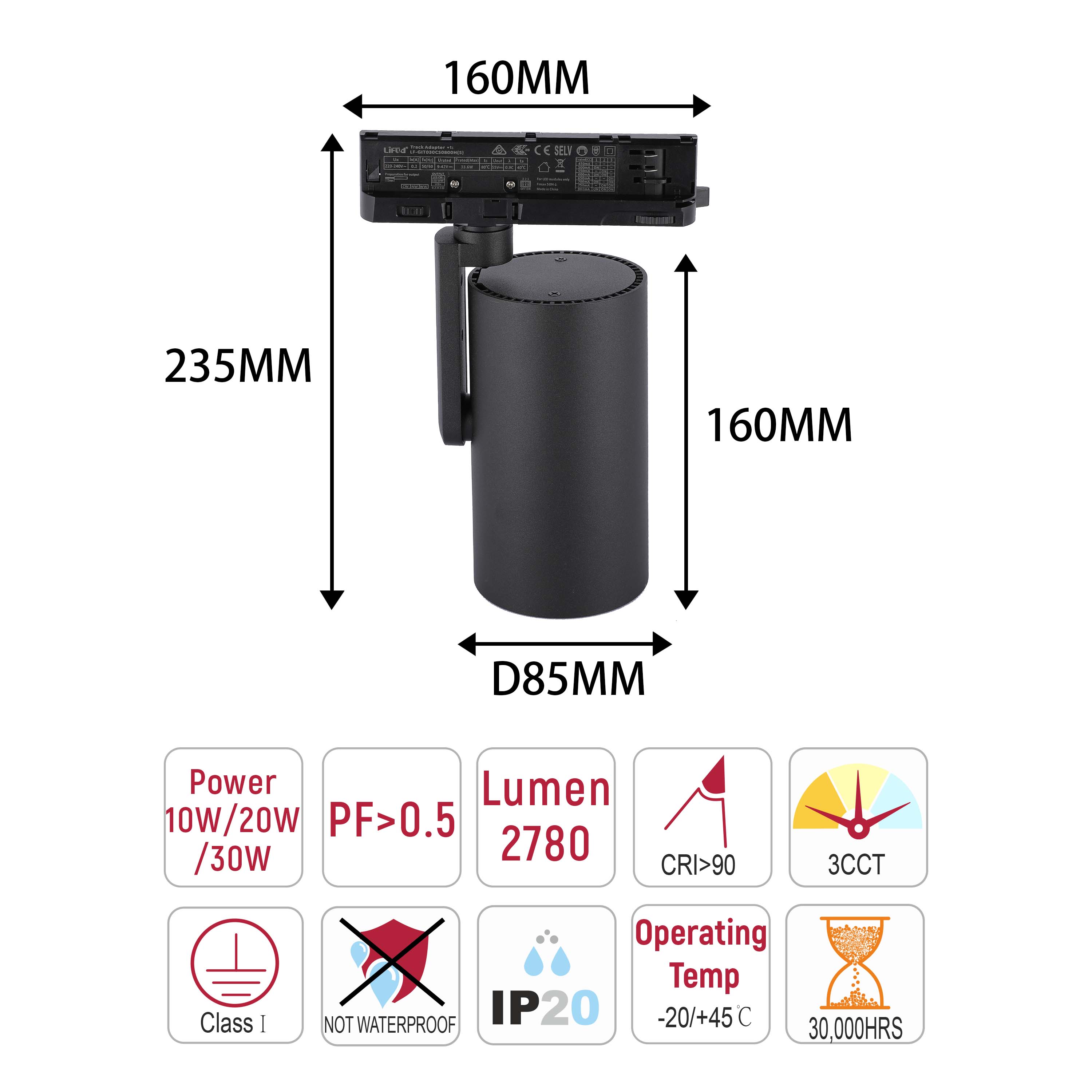 Adjustable Black LED Track Spotlight, 10W-30W Selectable 3CCT