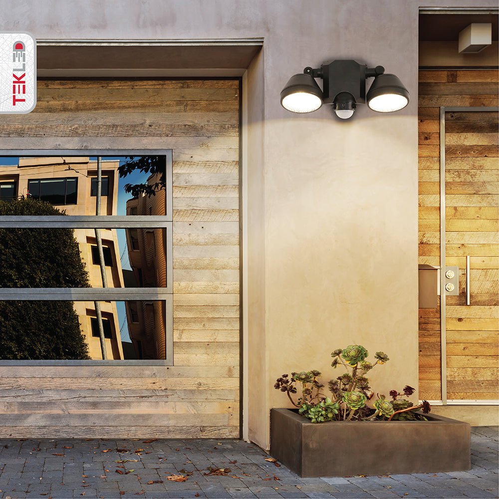 Wall-E Double Head Security Floodlight with PIR Sensor 20W Cool White 4000K in use in commercial setting