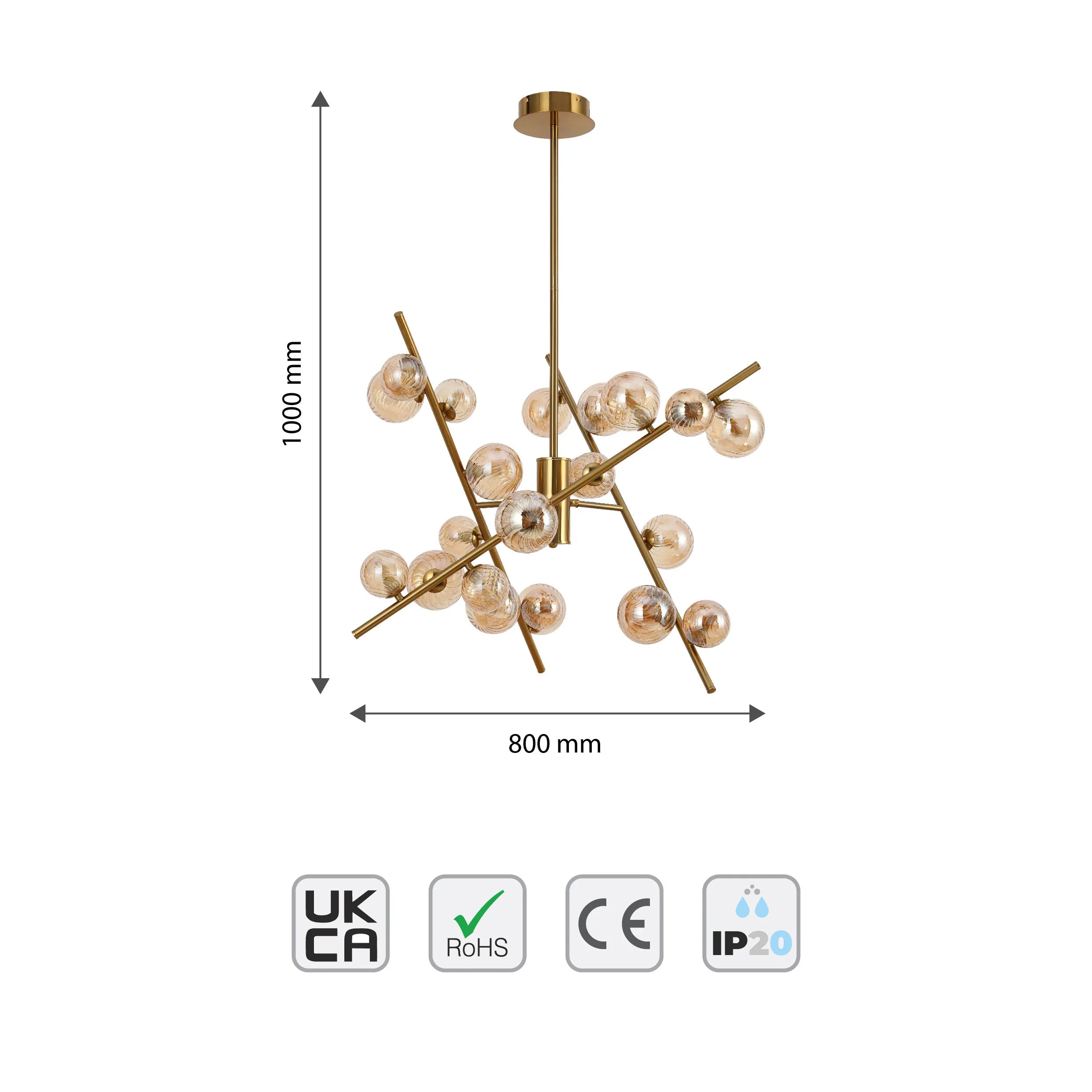 A cluster pendant light with gold finish and bubble glass shades. Dimensions are 1000mm high and 800mm wide.