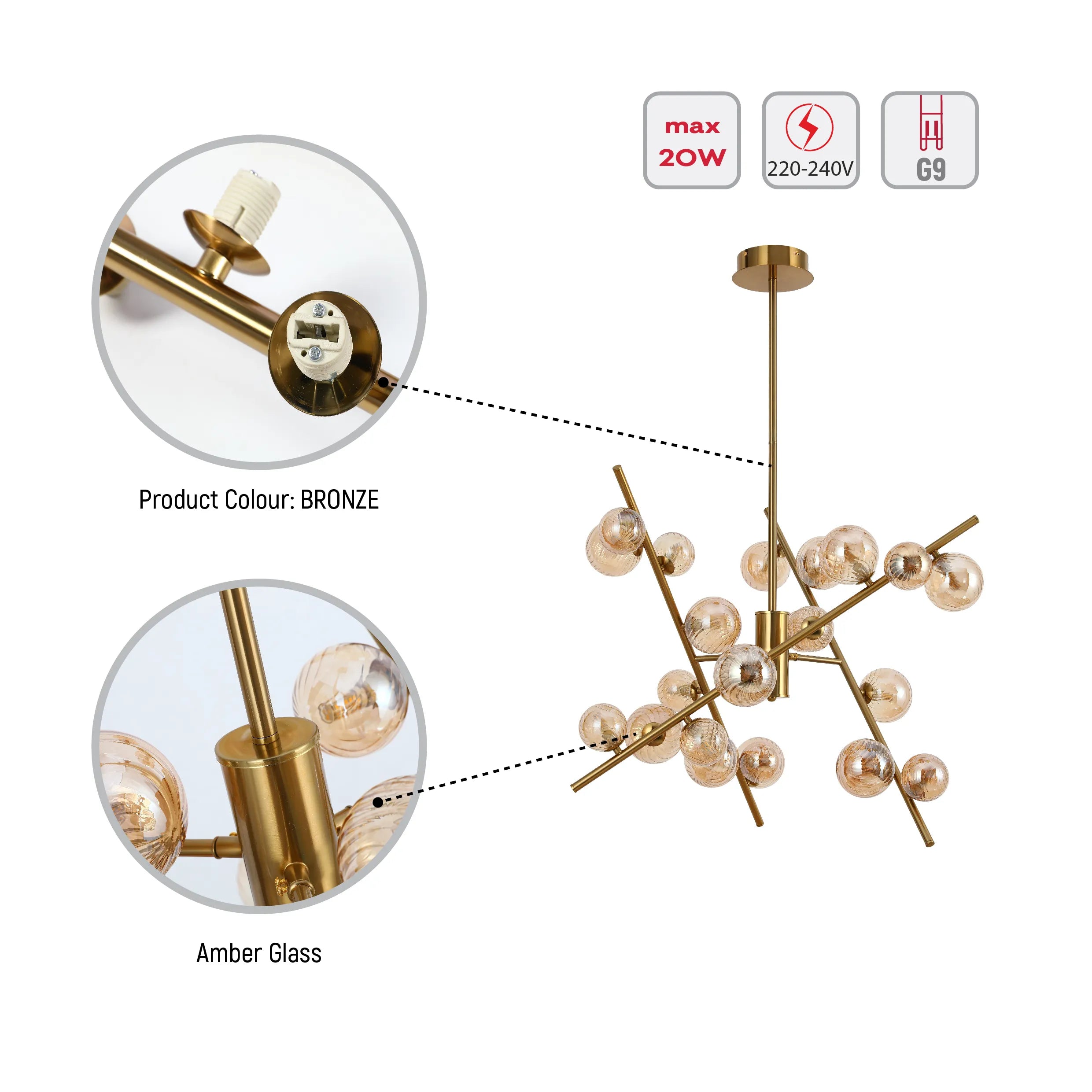 A bronze chandelier with amber glass orbs. Max 20W, 220-240V, G9 fitting.