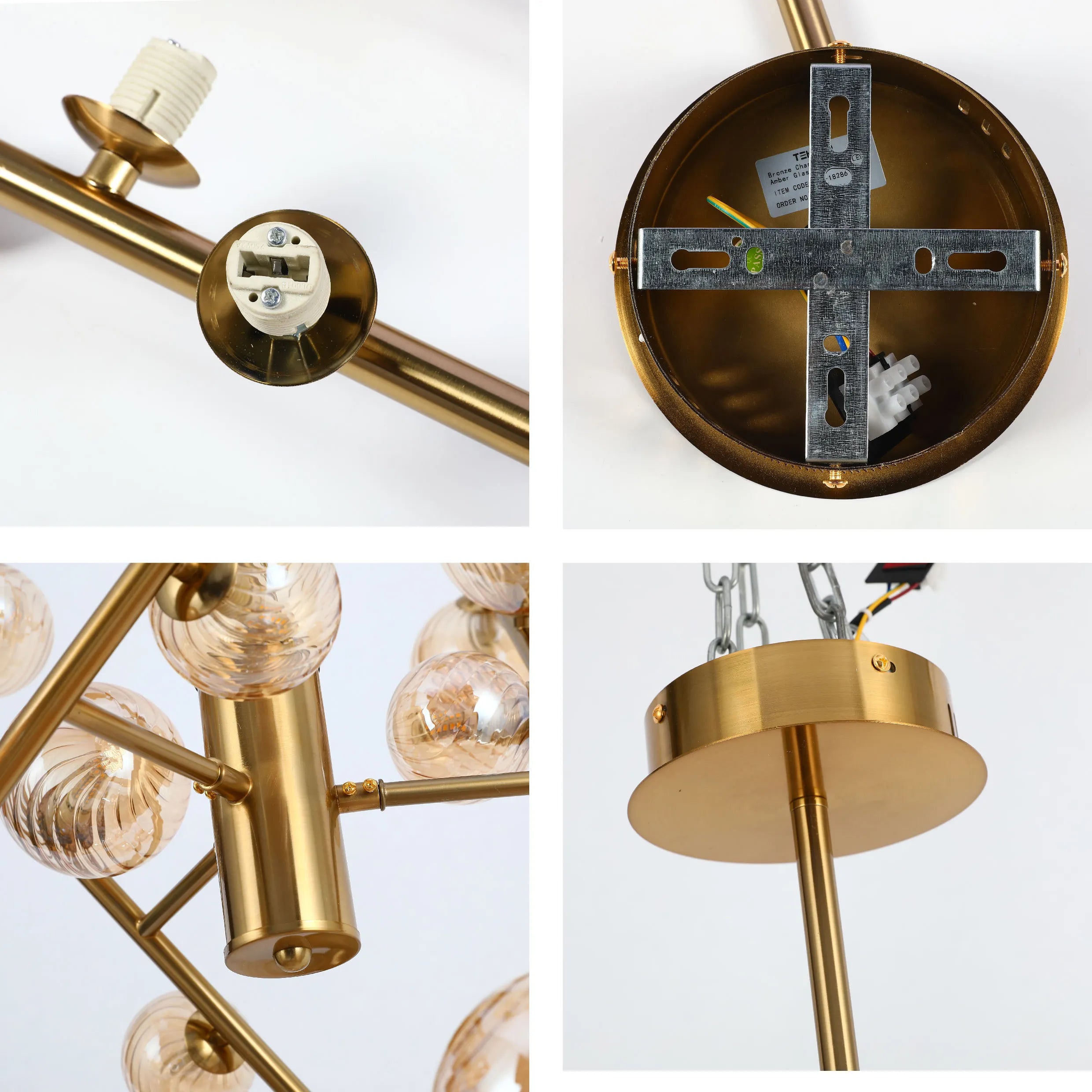 A gold finish chandelier with amber glass globes. The close-up shots highlight the details of the bulb fittings and fixings.