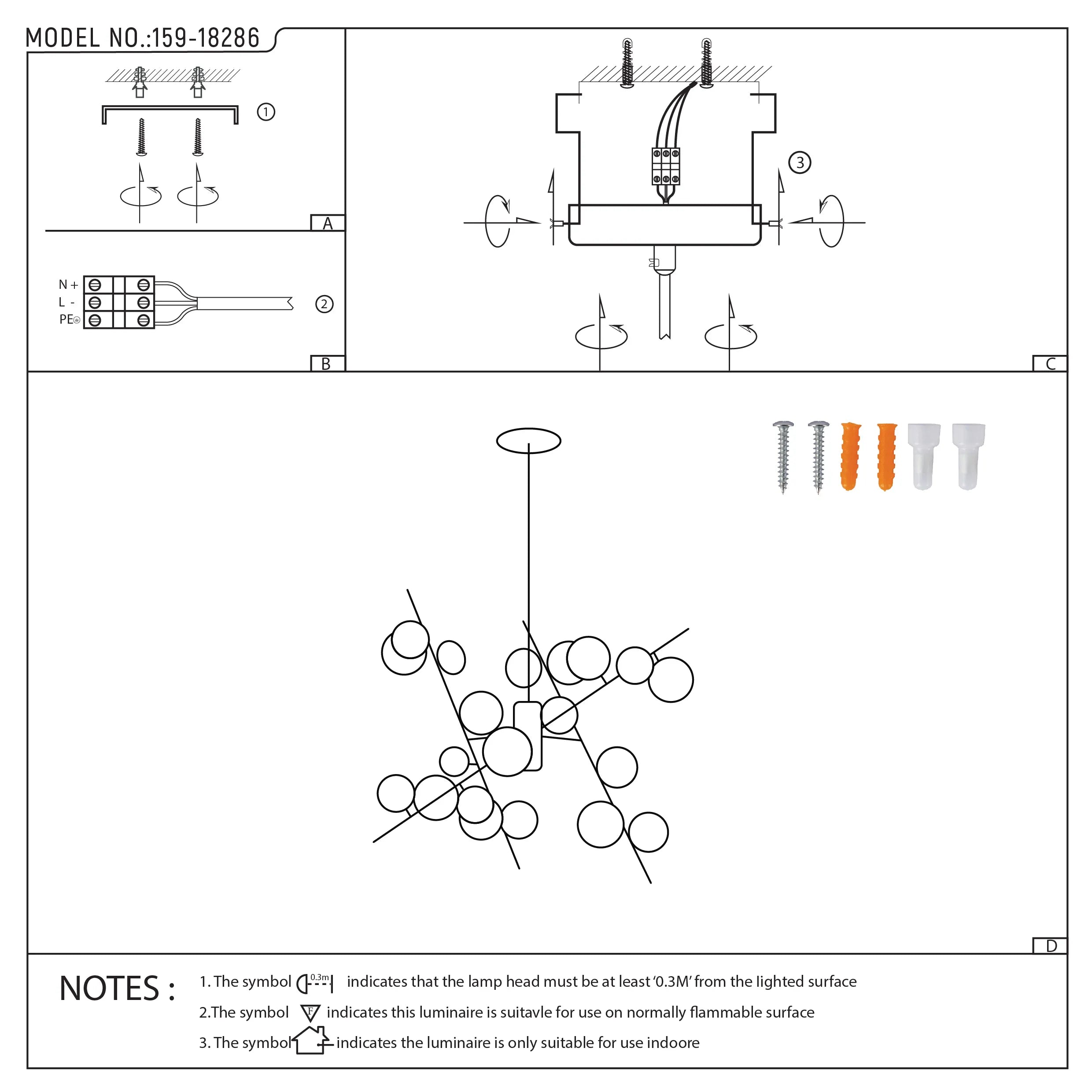 A diagram displaying the installation process for a modern, bubble-style ceiling light with fixing and wiring instructions.