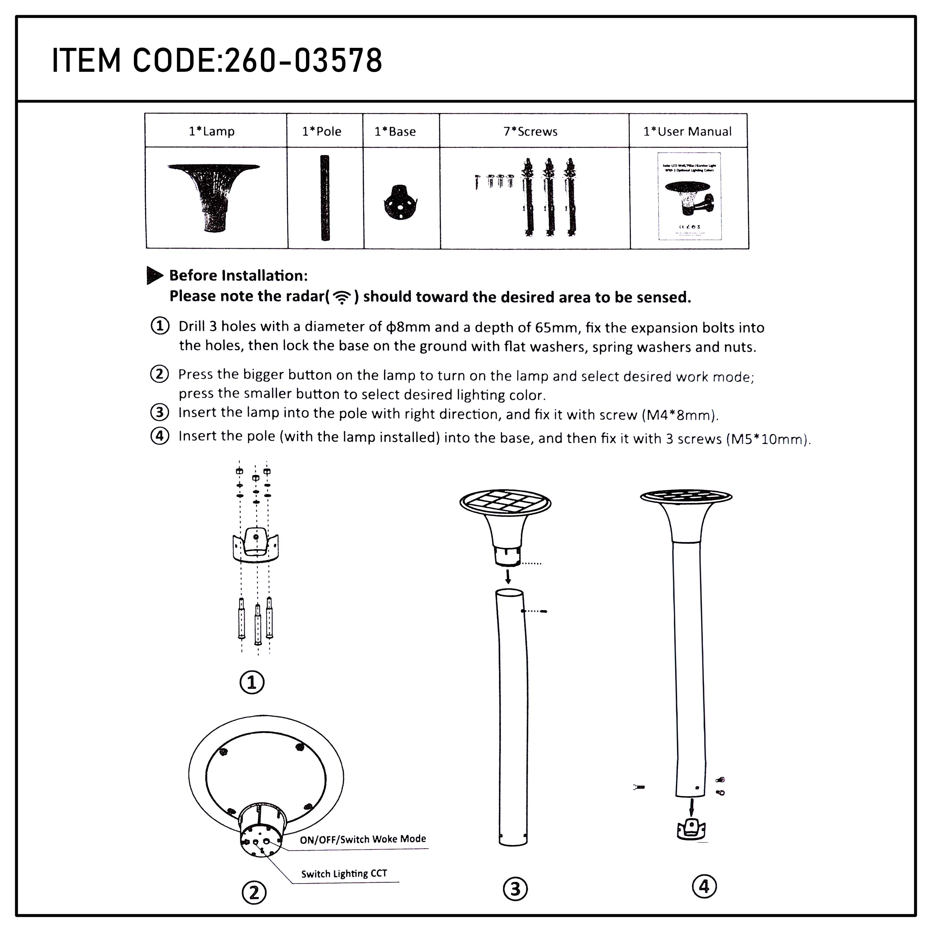 15W Solar LED Pillar Bollard Light, Dual CCT 4000K/6000K, Black IP65