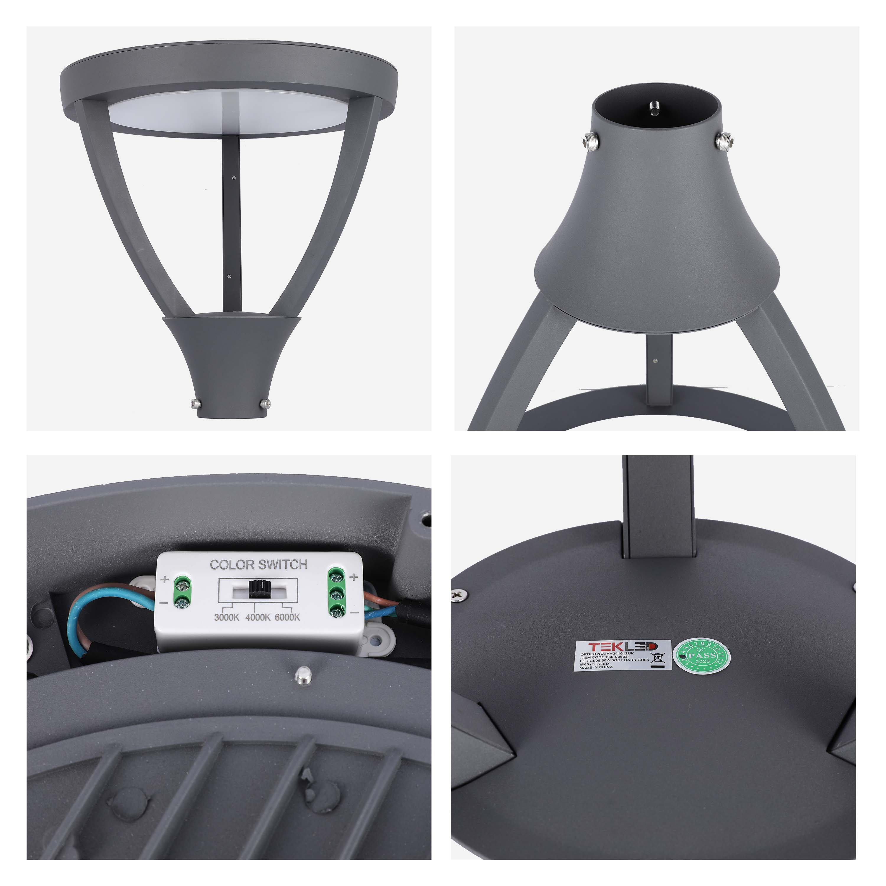 Modern 50W LED Post Top Garden Light, 3CCT Selectable, Dark Grey IP65
