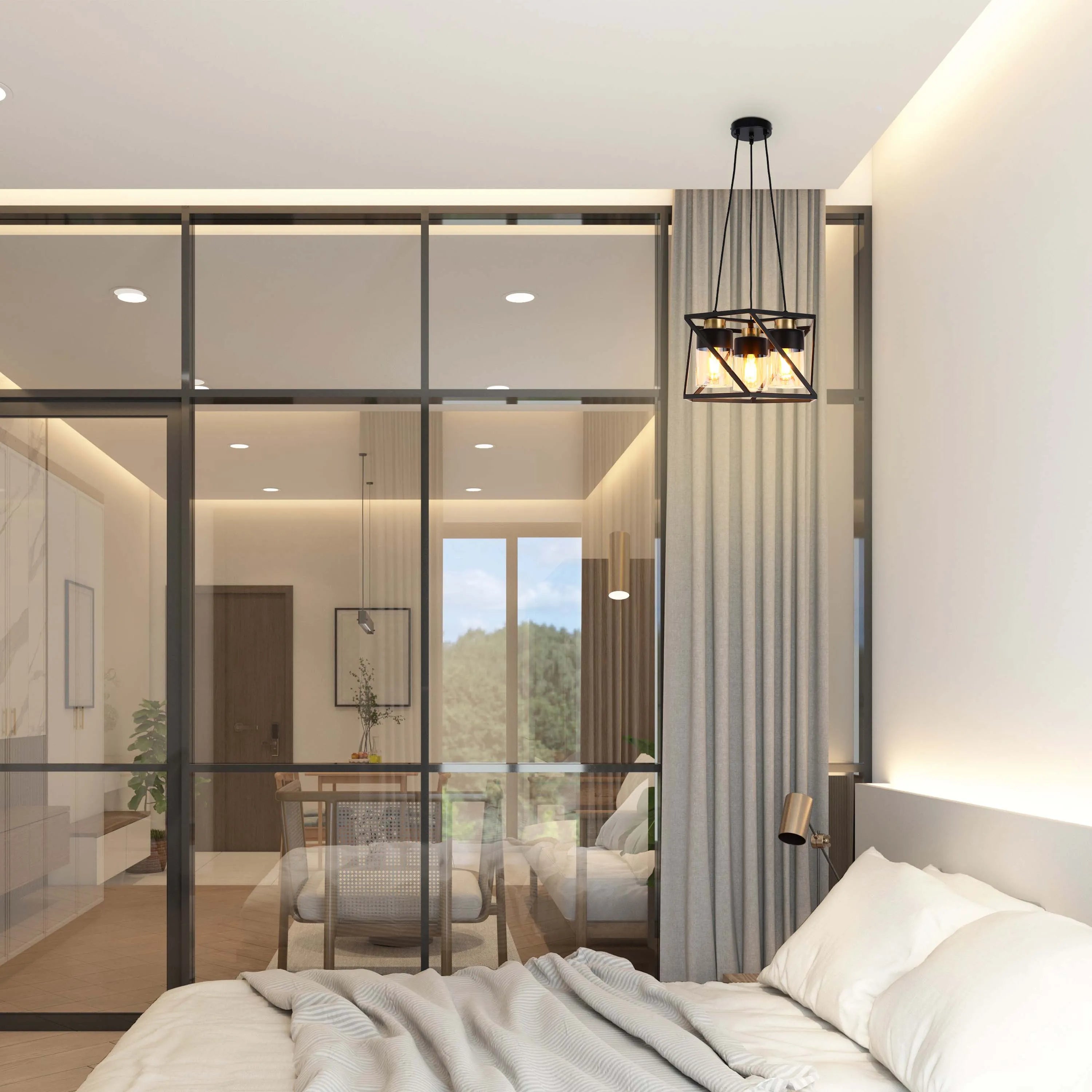 Stylish modern bedroom lighting with an industrial-style caged pendant lamp and subtle cove lighting.