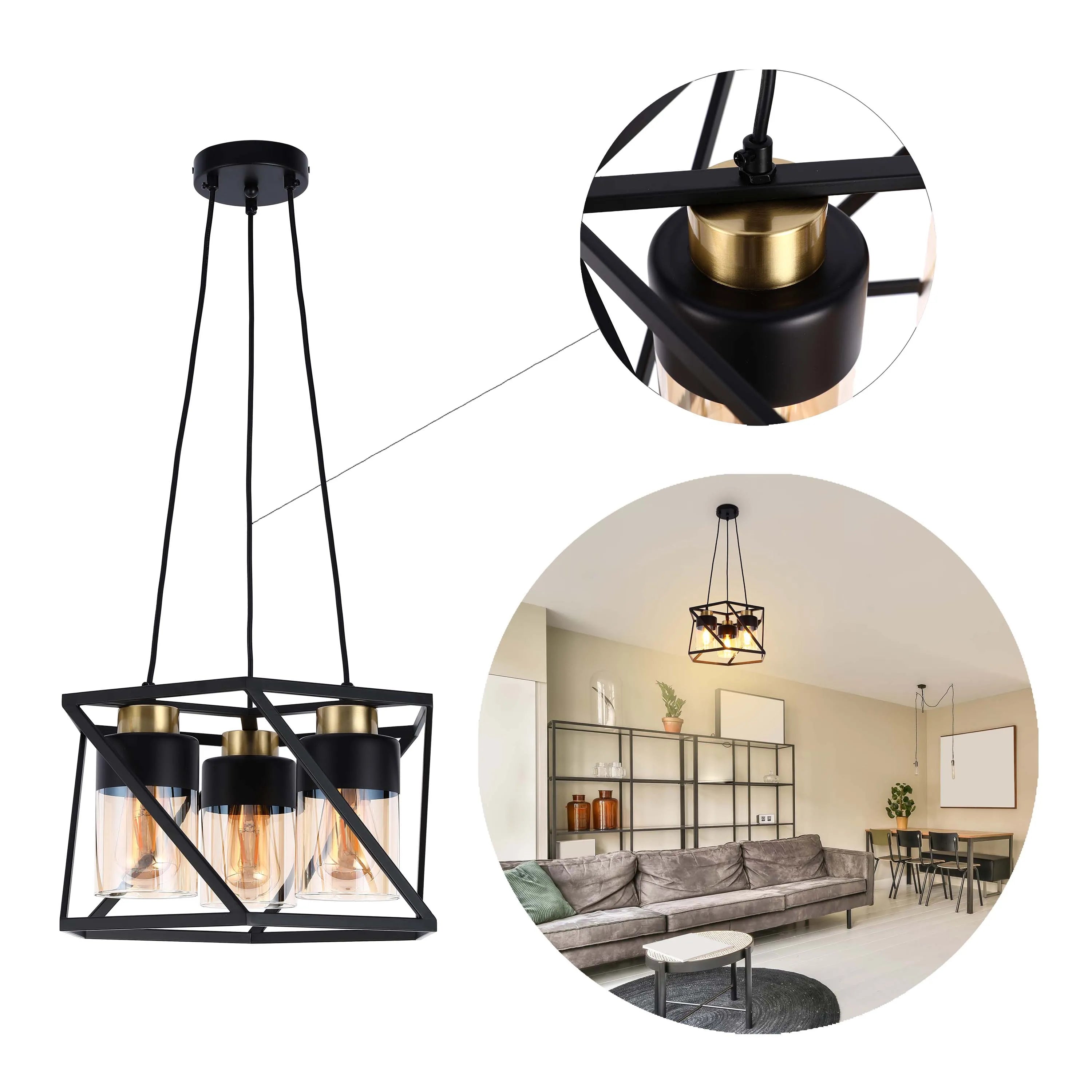 A modern black cage pendant light with three amber-tinted glass shades. Its industrial style adds a touch of sophistication.