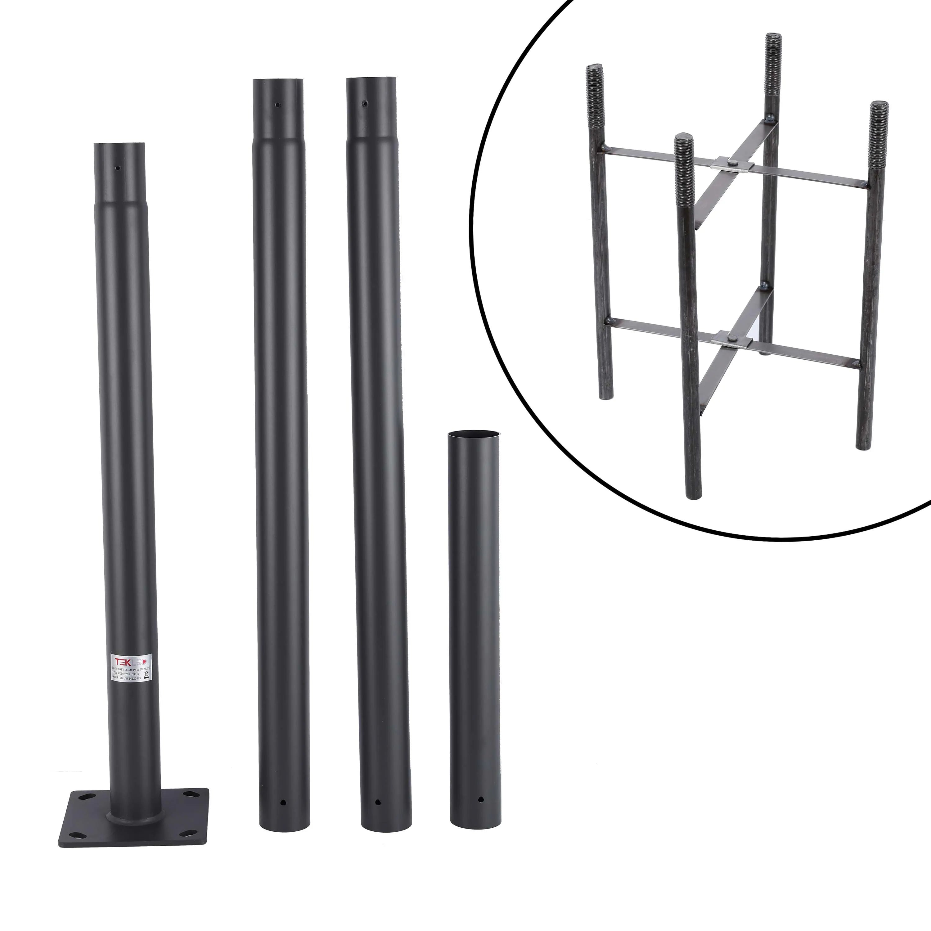 A kit of modular, black, outdoor lighting pole components and a cage-like stabilising base, displayed on a white background.