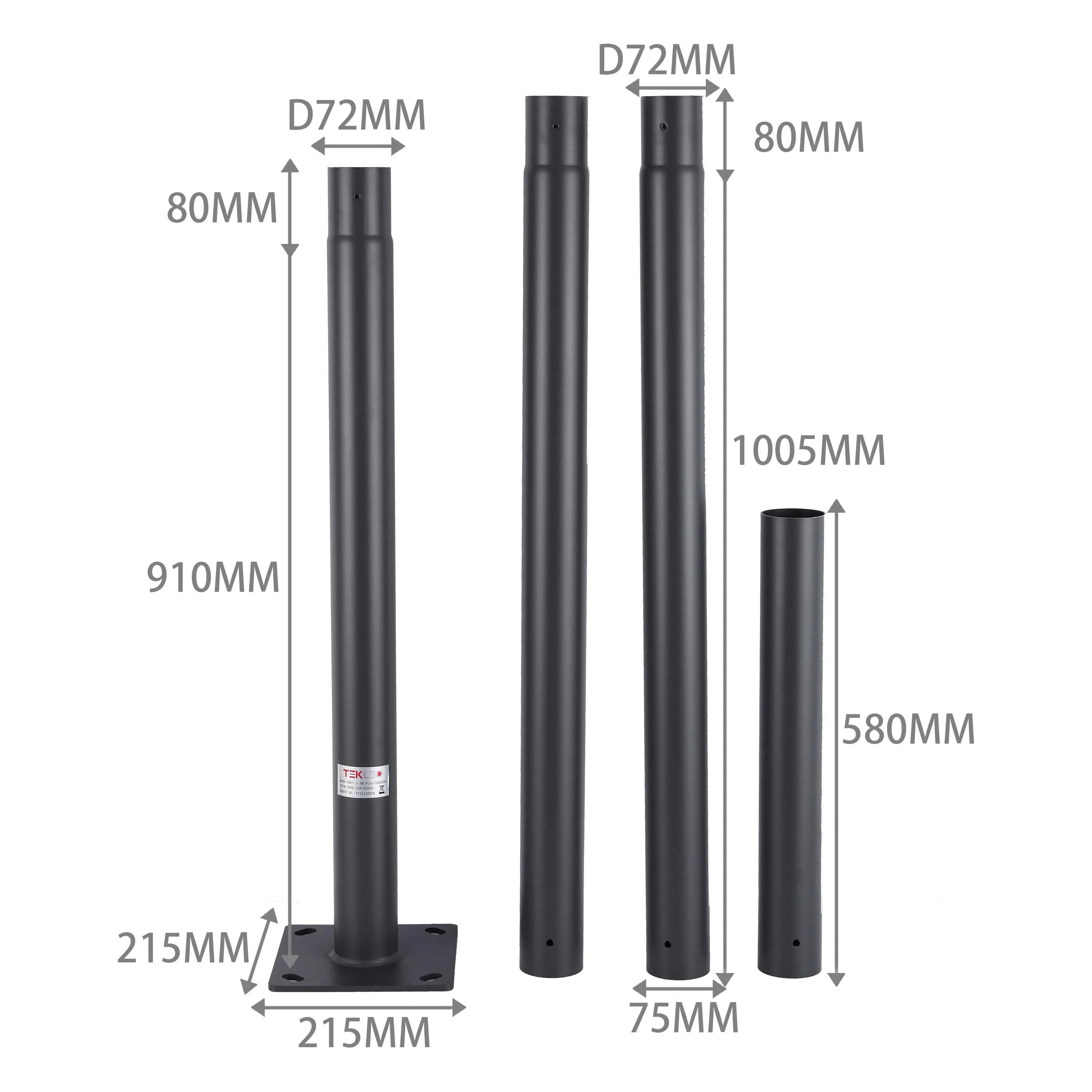 A range of grey lamp posts of various heights and with different base types, displayed with their dimensions annotated.