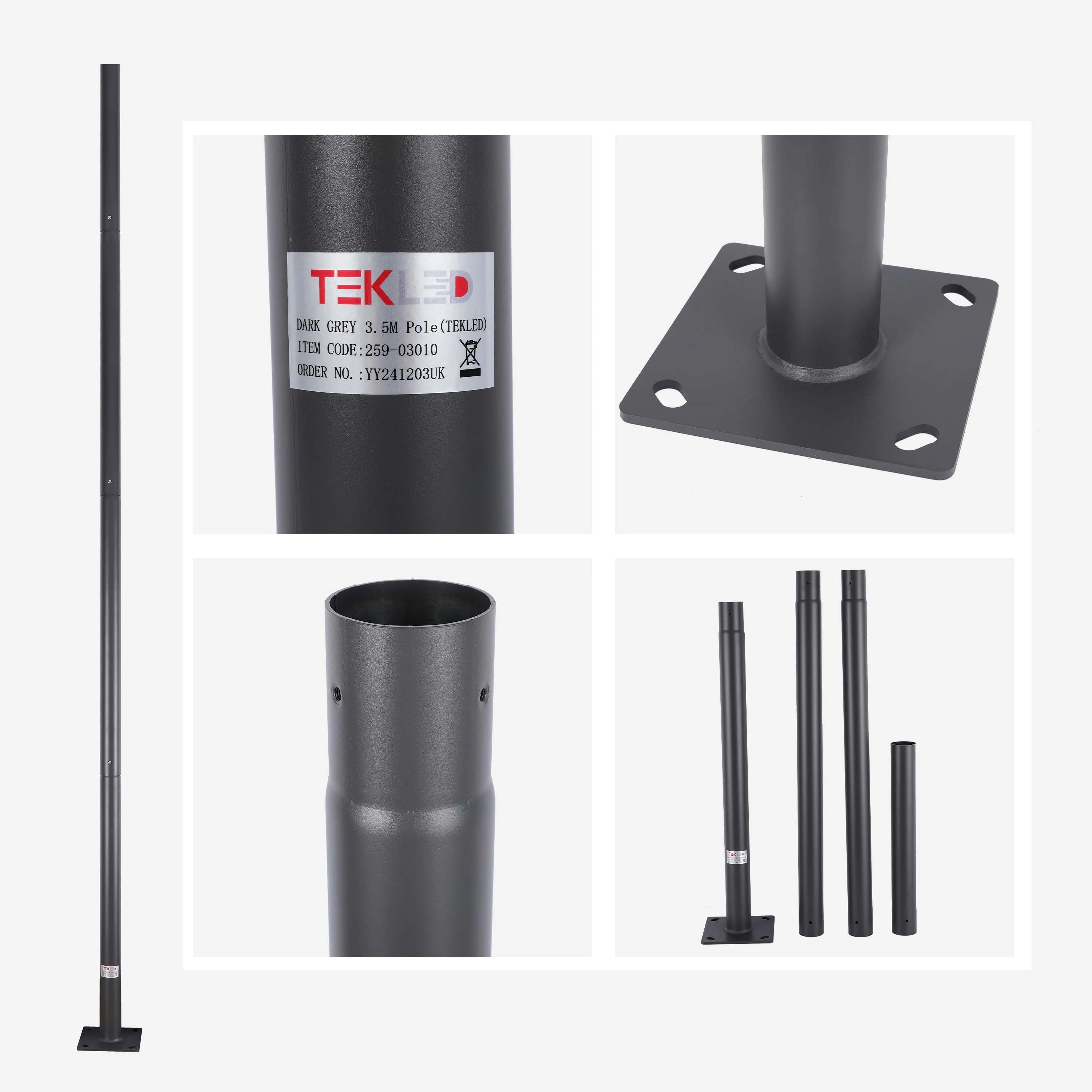 A Tekled 3.5m dark grey pole light, shown in parts and fully assembled, with a square base and cylindrical sections.