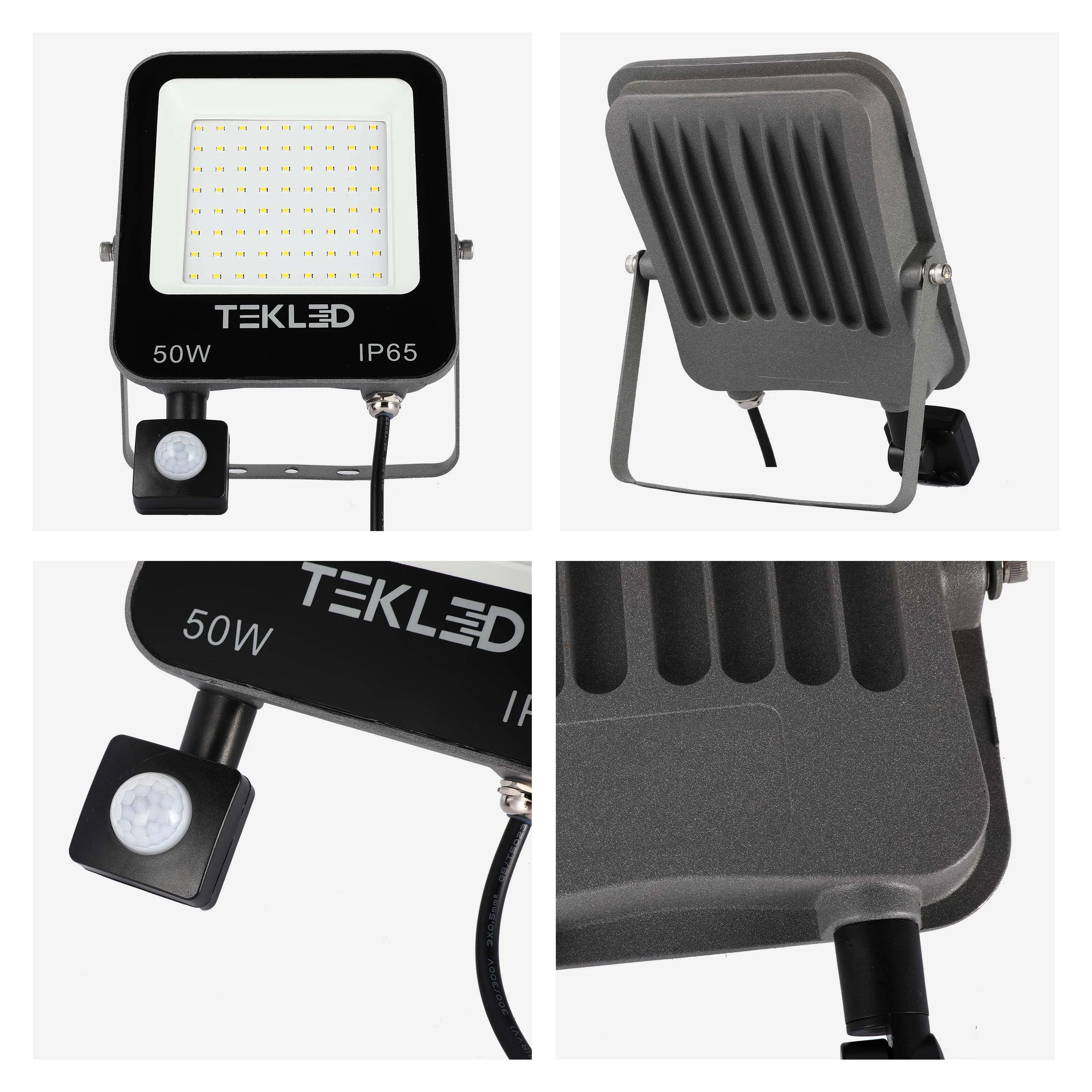 An LED flood light by TEKLED, in grey. It features a motion sensor, and is labelled as 50W and IP65 rated.