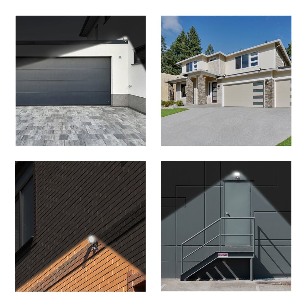 Outdoor lighting illuminates various building exteriors, enhancing security and highlighting architectural features with focused beams.