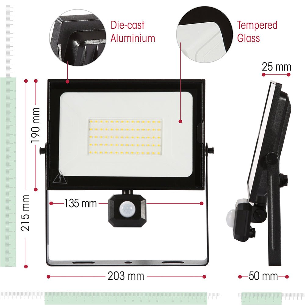Flood light with motion sensor. Die-cast aluminium, tempered glass and dimensions shown.