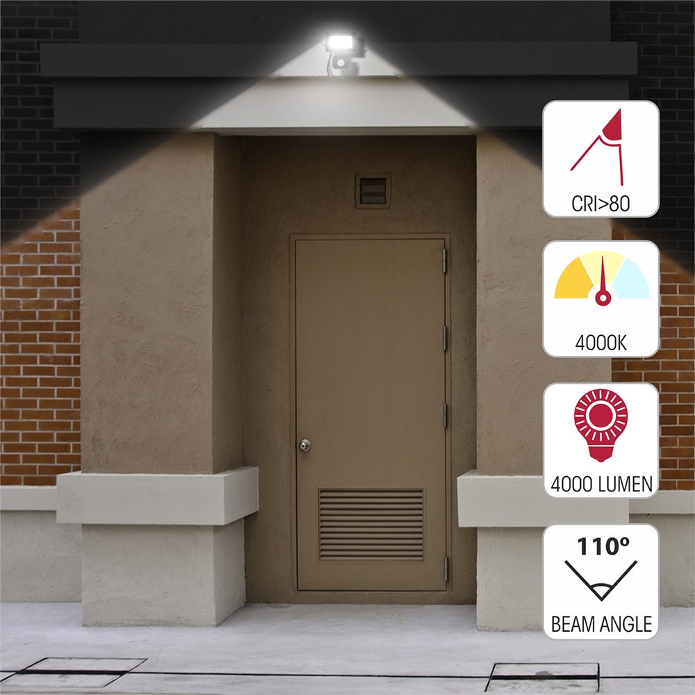 Outdoor lighting illuminating a building exterior. Light specs include 4000 lumen, 4000K, 110-degree beam angle, and CRI greater than 80.