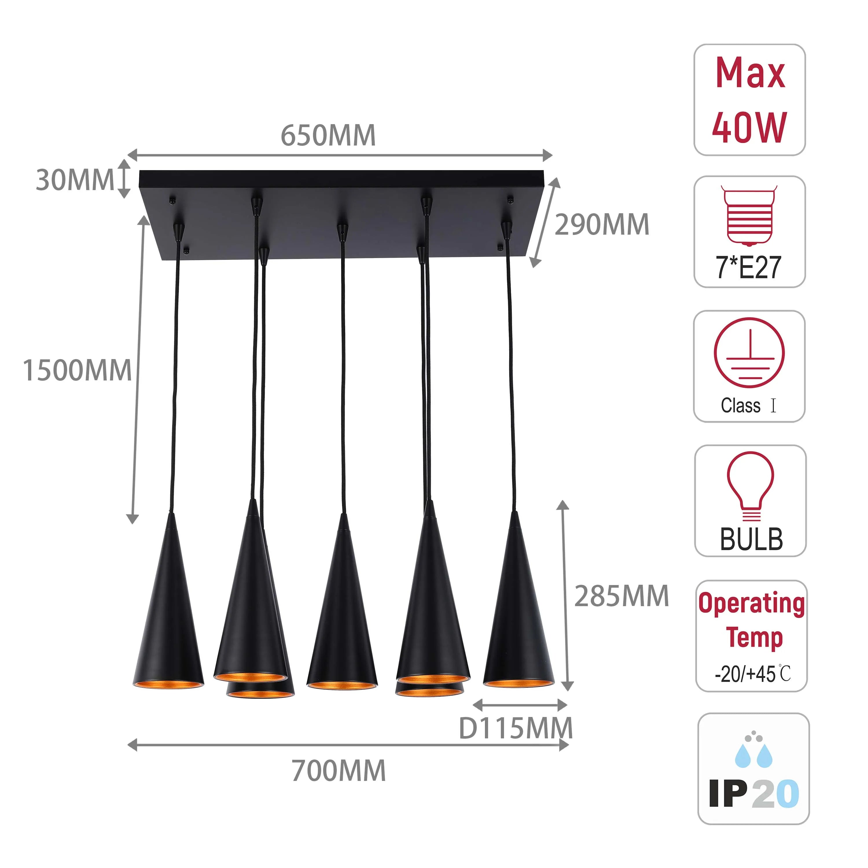 A contemporary 7-bulb pendant light in black, featuring a cone shade and warm interior. Dimensions are indicated with helpful annotations.