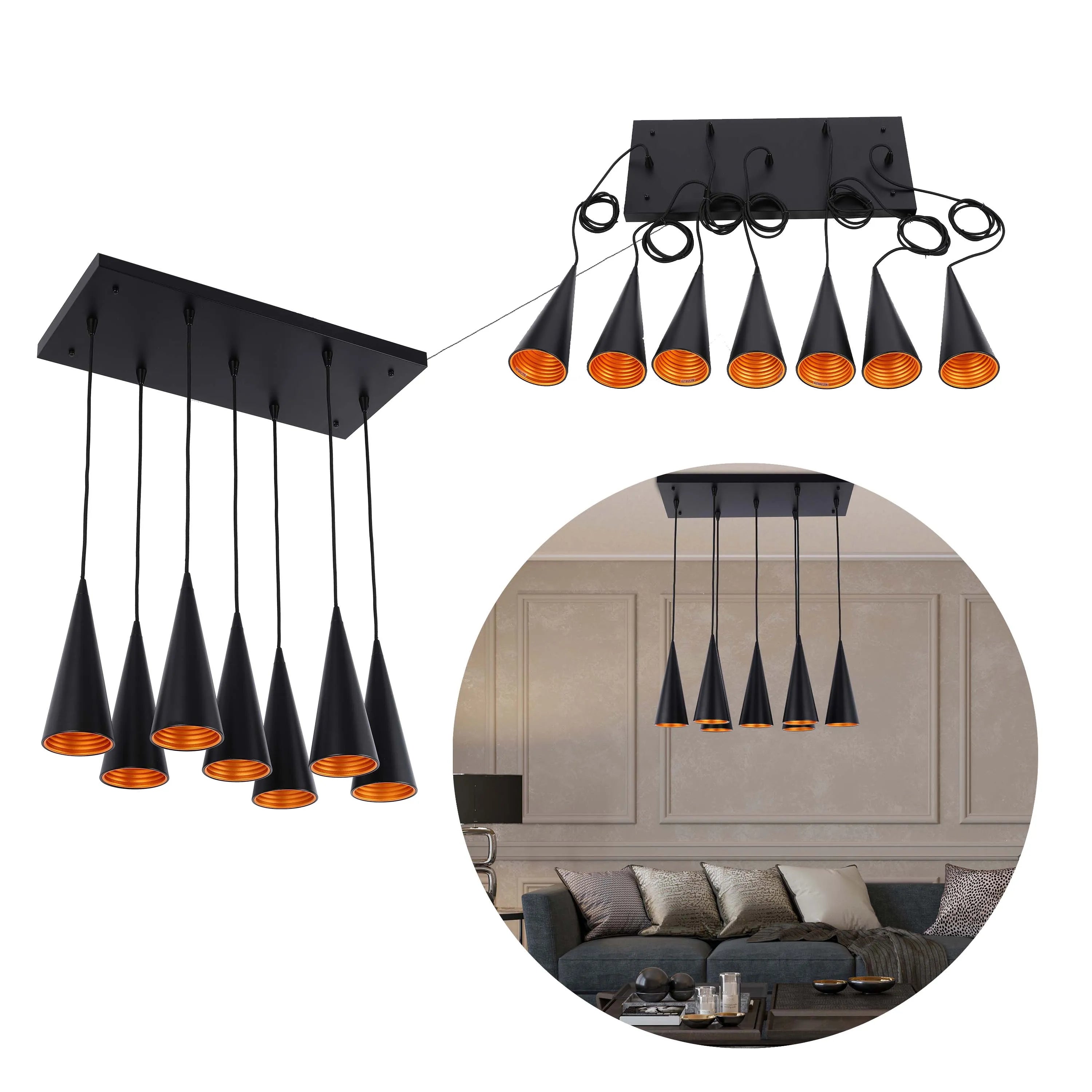 A modern pendant light featuring sleek black cones with a golden interior. Stylish lighting for a contemporary home.