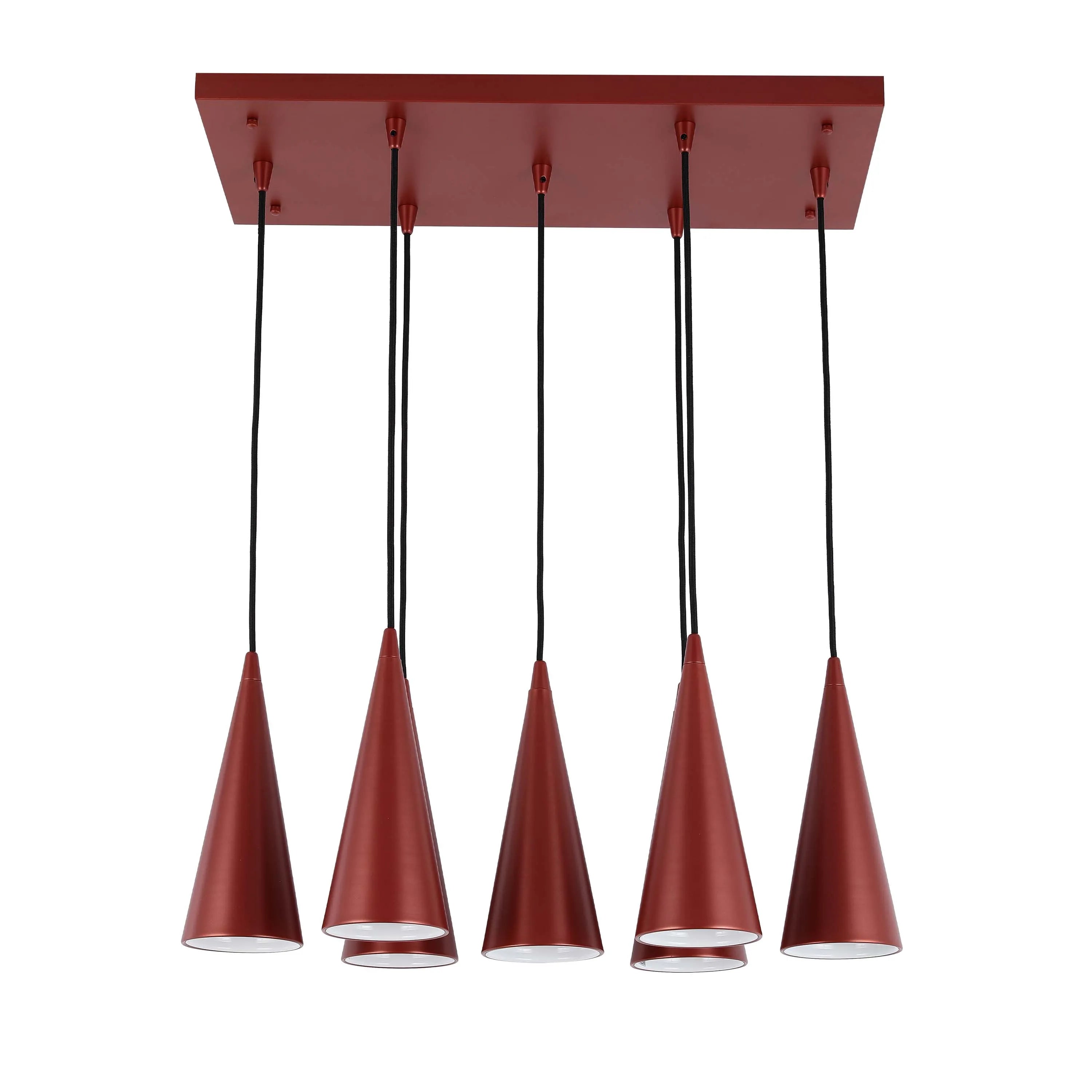 A modern ceiling light with five pendant cones in a red-brown hue, suspended from a rectangular fixture.
