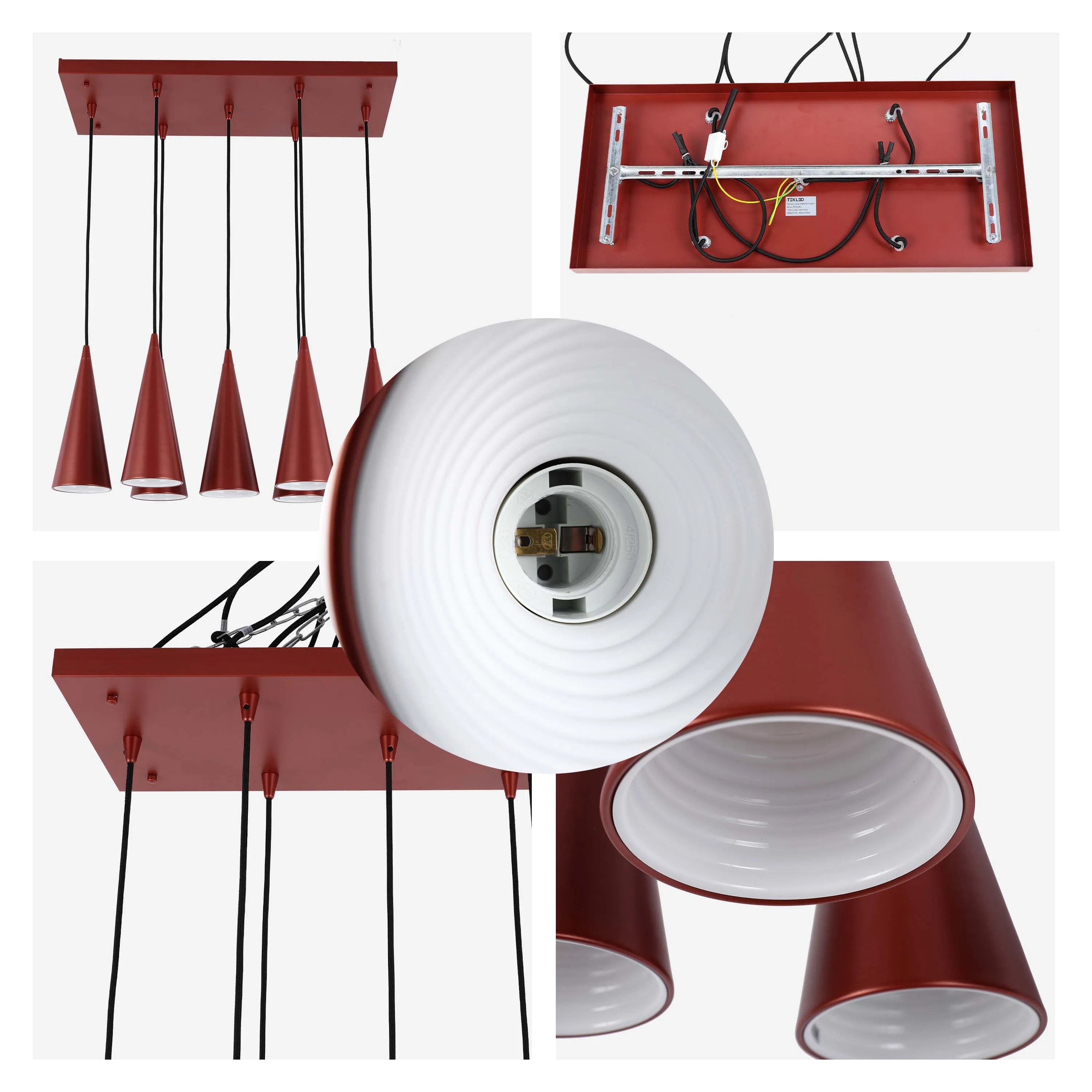 A modern red pendant light with multiple cone-shaped shades and white interiors. Includes a ceiling mount and lamp holder detail.