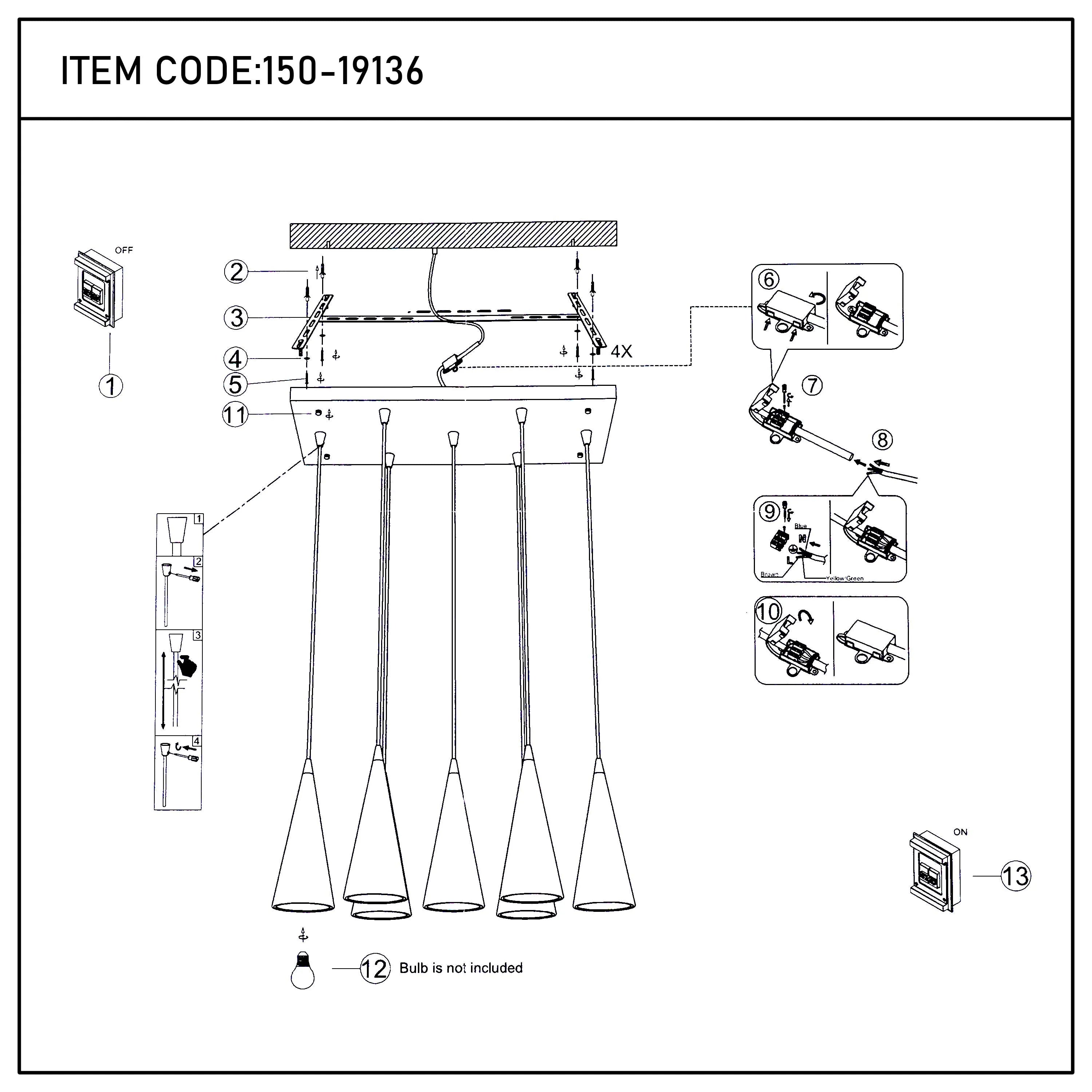 A diagram for a five-bulb pendant light installation. It includes the fittings, wiring, and fixture mounting.