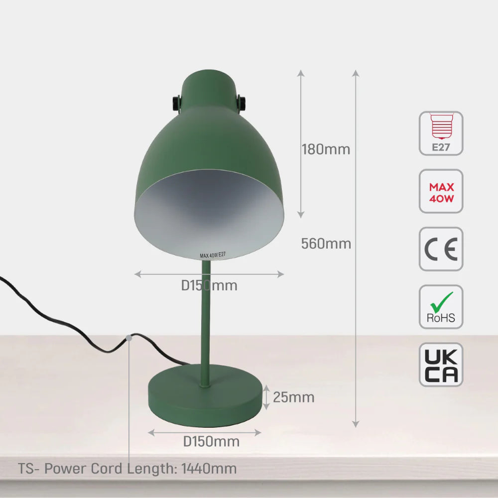 Green lamp displaying dimensions: 180mm height, 560mm top to base, 25mm base thickness, 150mm shade diameter, & 150mm base diameter.