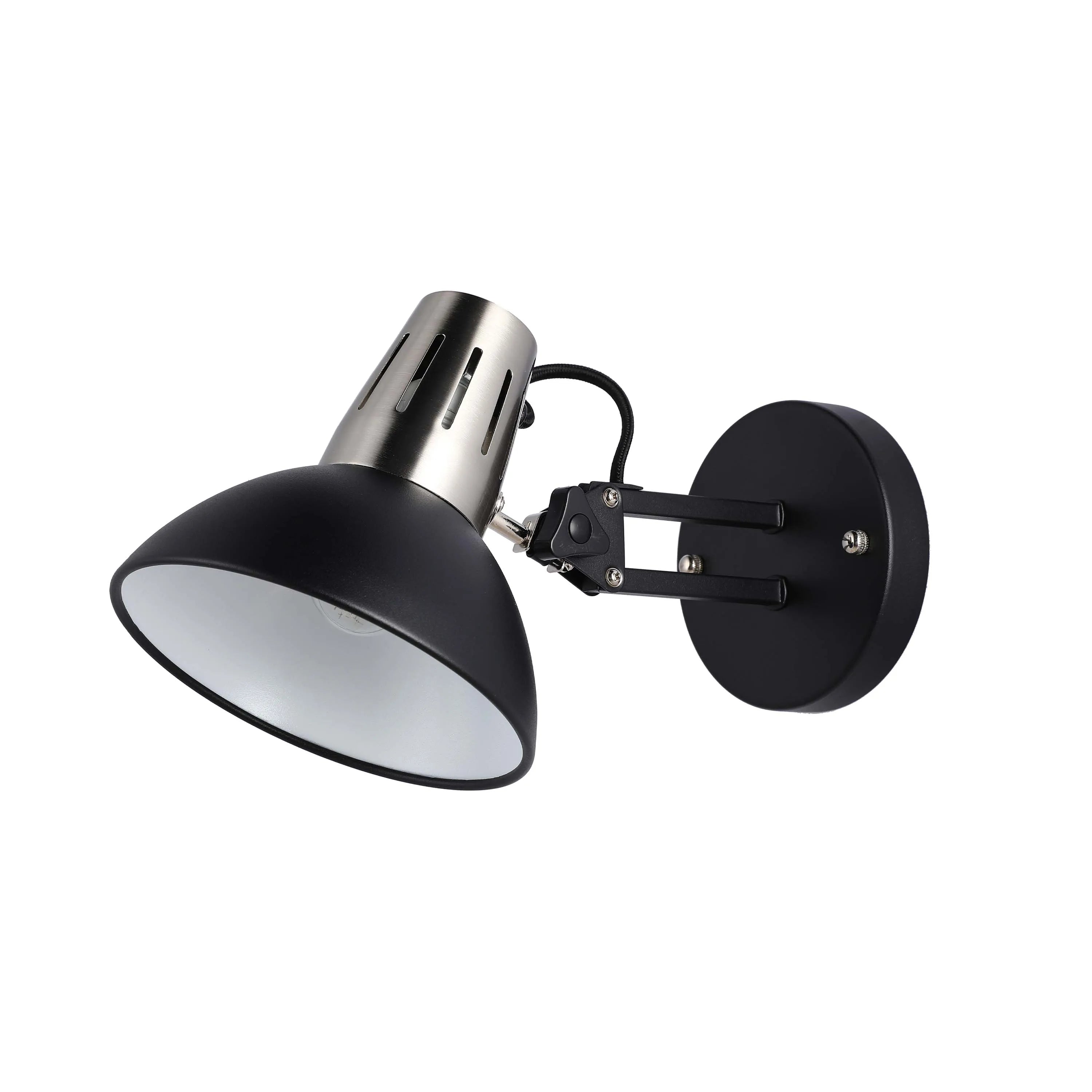 A modern wall light in black and silver, featuring an adjustable arm for focused illumination. Ideal for reading.