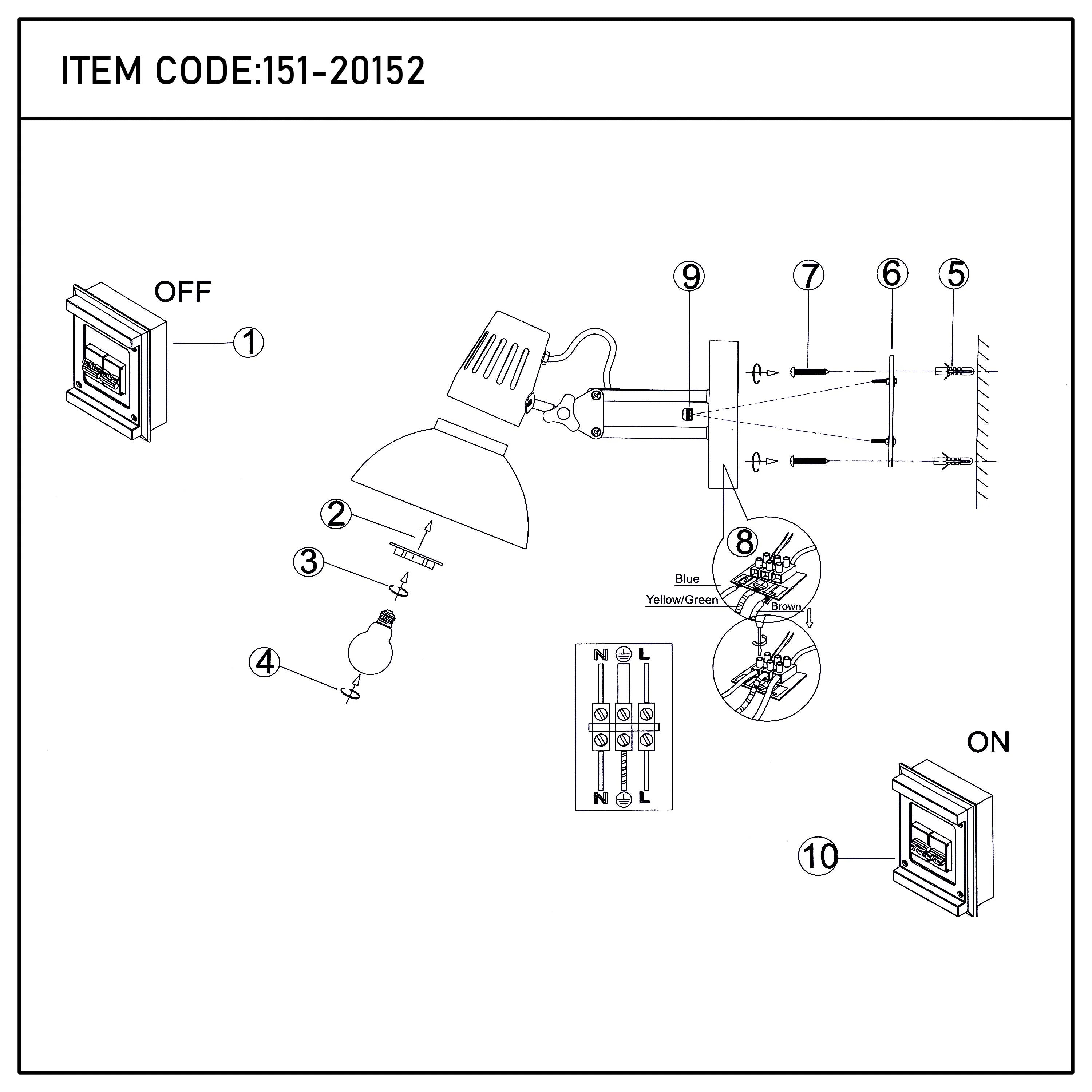 Technical diagram of a wall-mounted adjustable lamp with exposed wiring and on/off switches, labelled with numbers for assembly.