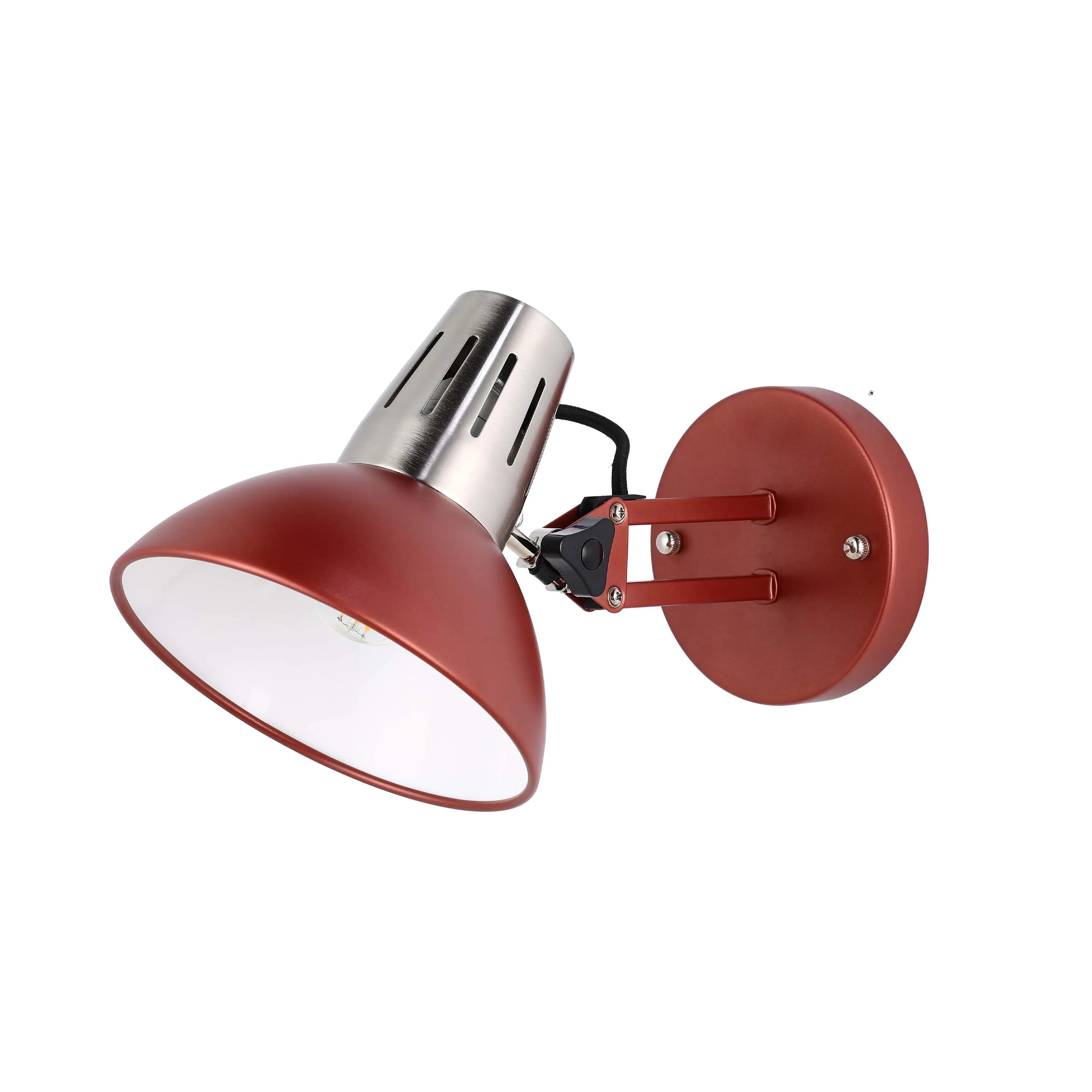 A copper and silver wall light with a cone-shaped shade.