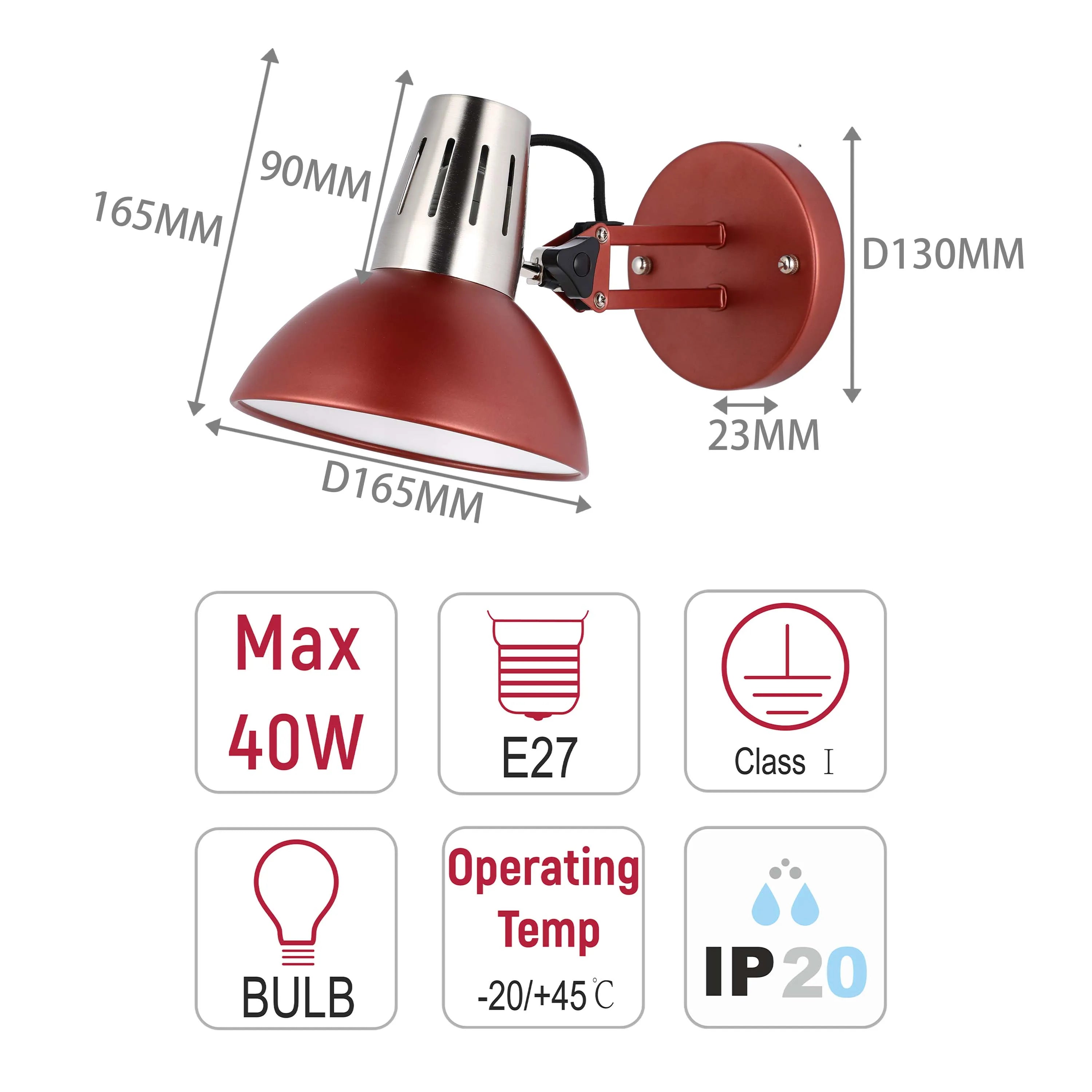 A rust-red wall light with dimensions & bulb information, including a max. 40W E27 bulb, operating temperature and IP20 rating.