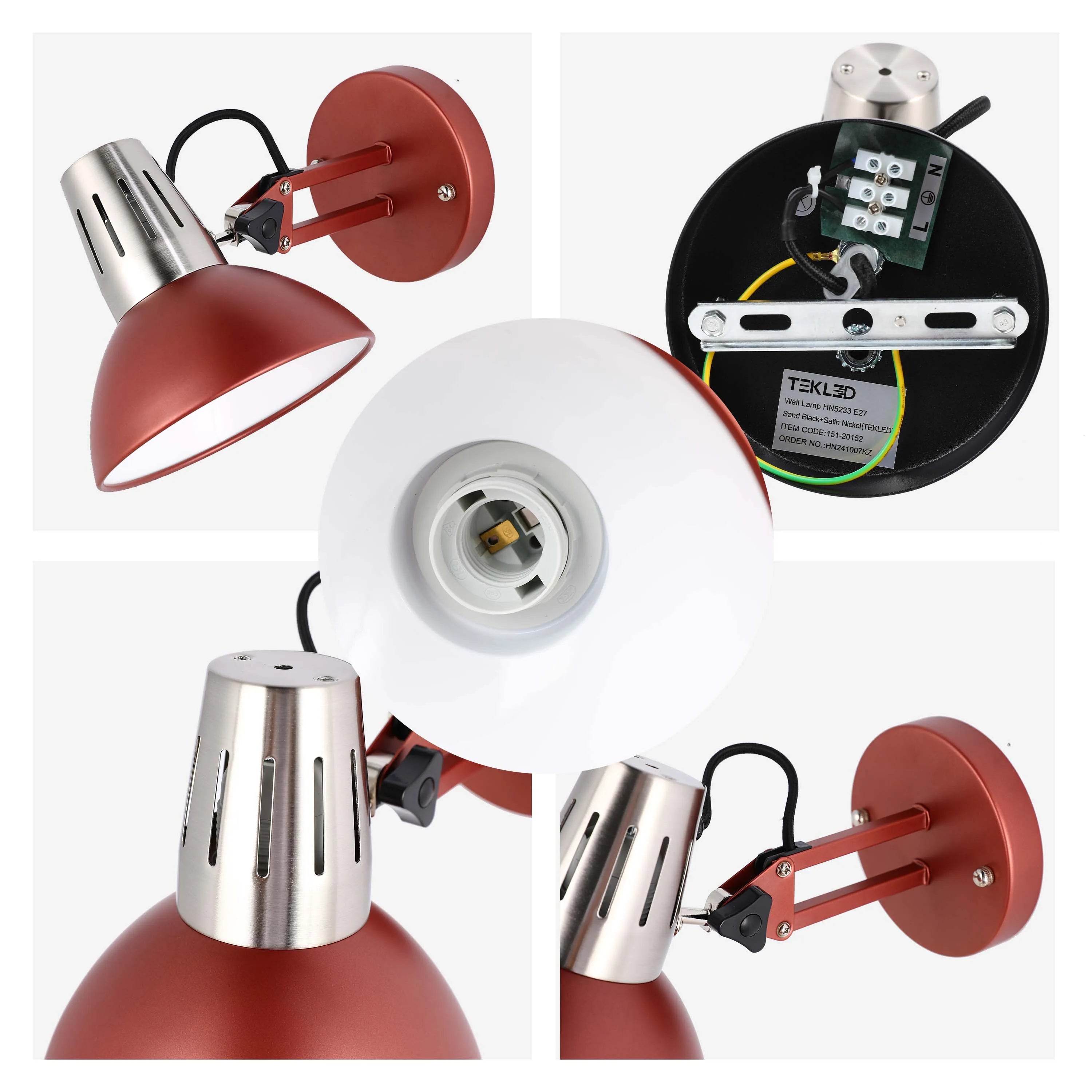 Close up of a vintage-inspired red and nickel wall lamp. Shows wiring and the E27 bulb fitting.