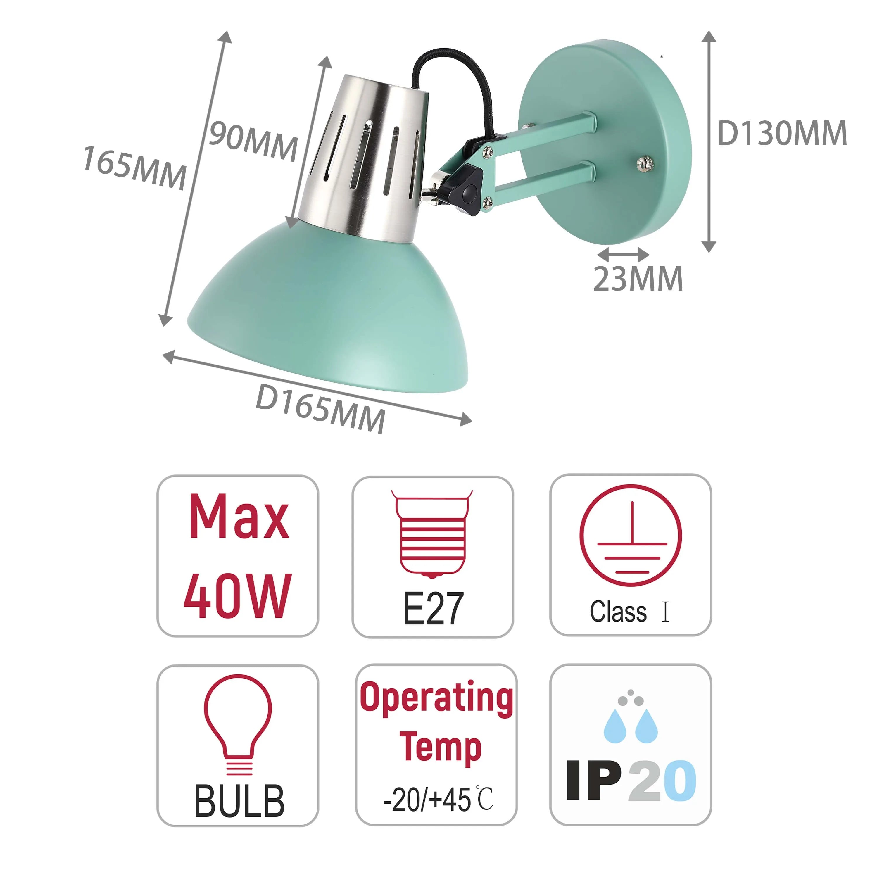 A mint green adjustable wall lamp is shown with dimensions. Takes an E27 bulb, max 40W, IP20 rating, Class I.