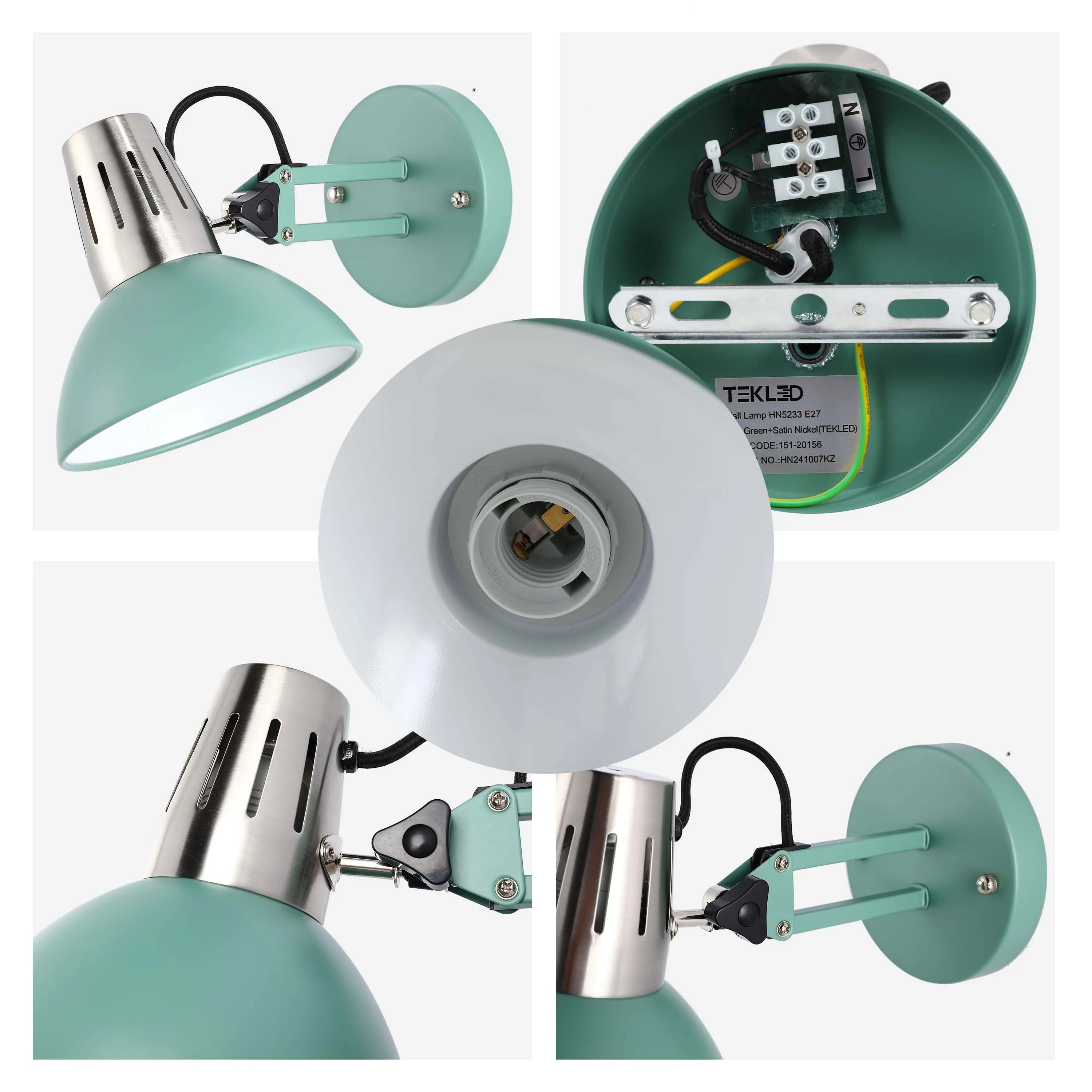 Green and satin nickel wall lamp. Adjustable arm, industrial style lighting fixture with shade. Part of the Tekled range.
