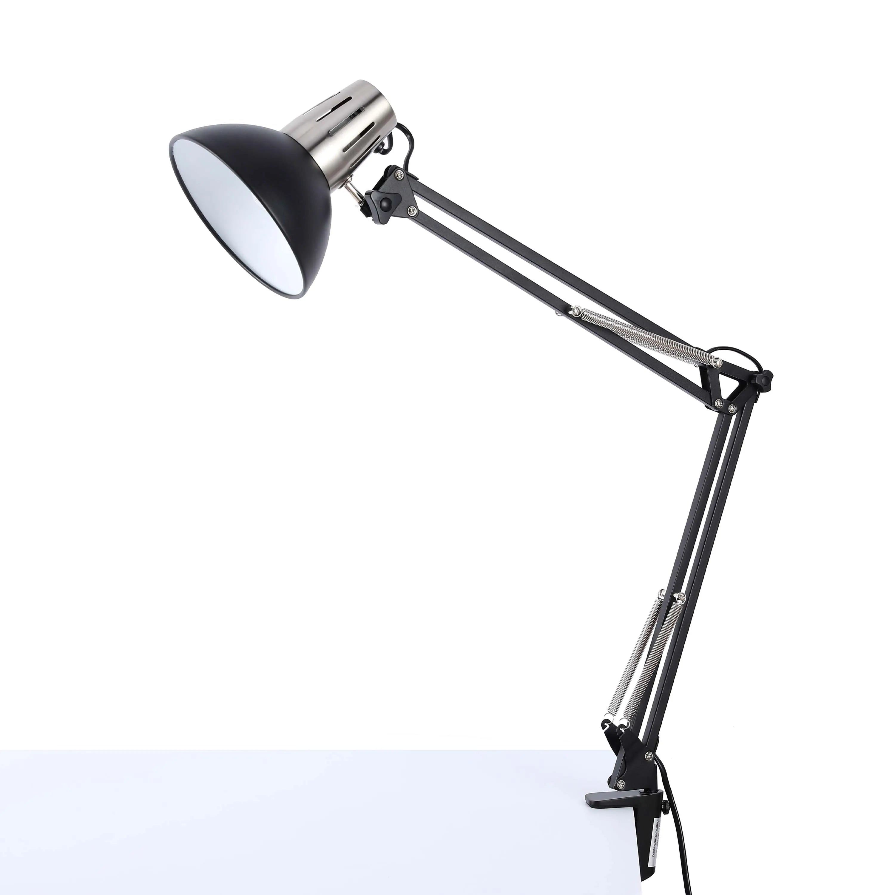 Black adjustable desk lamp with silver detailing, ideal for office or home study lighting.
