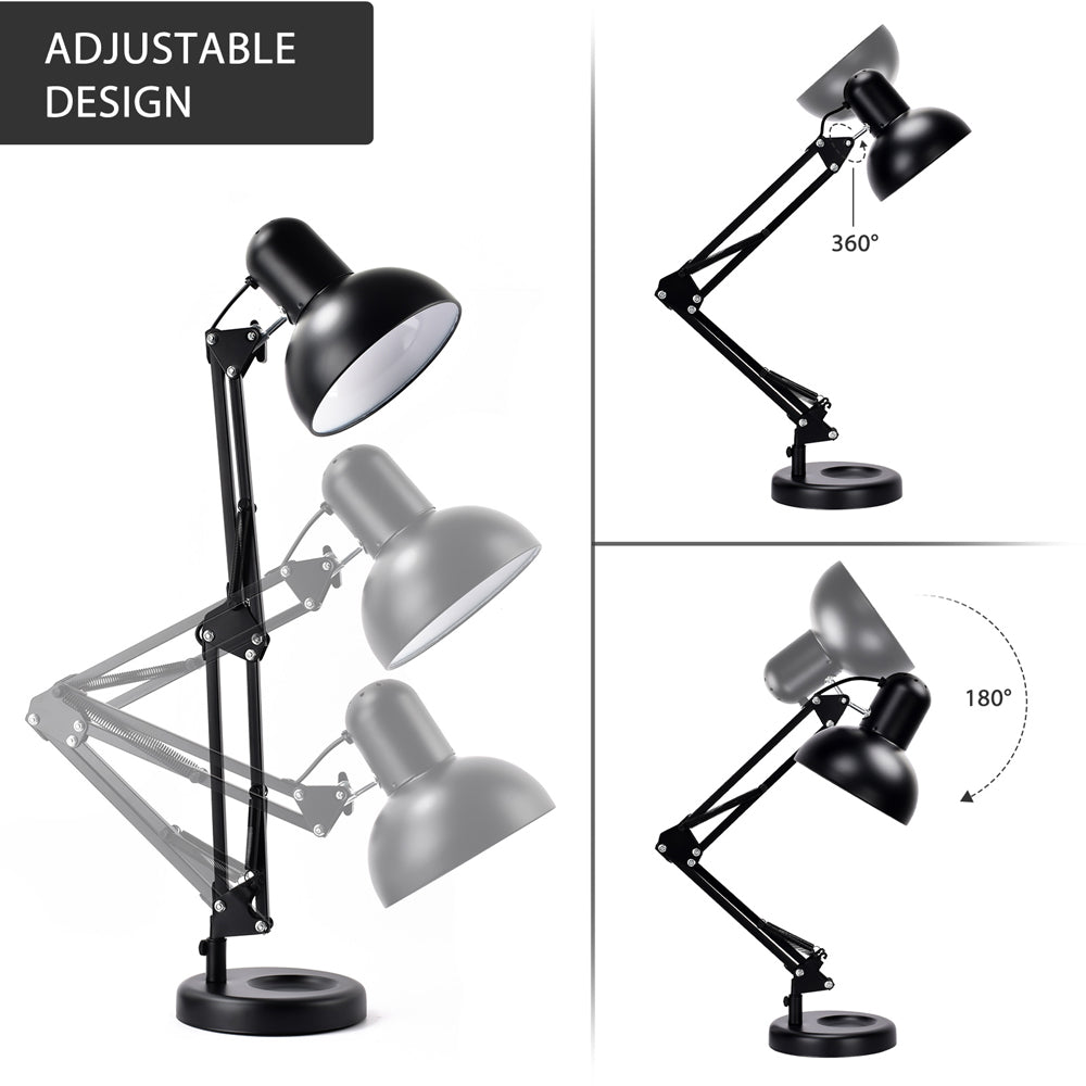 Black adjustable desk lamp showing various angled positions. Functional and versatile lighting solution.
