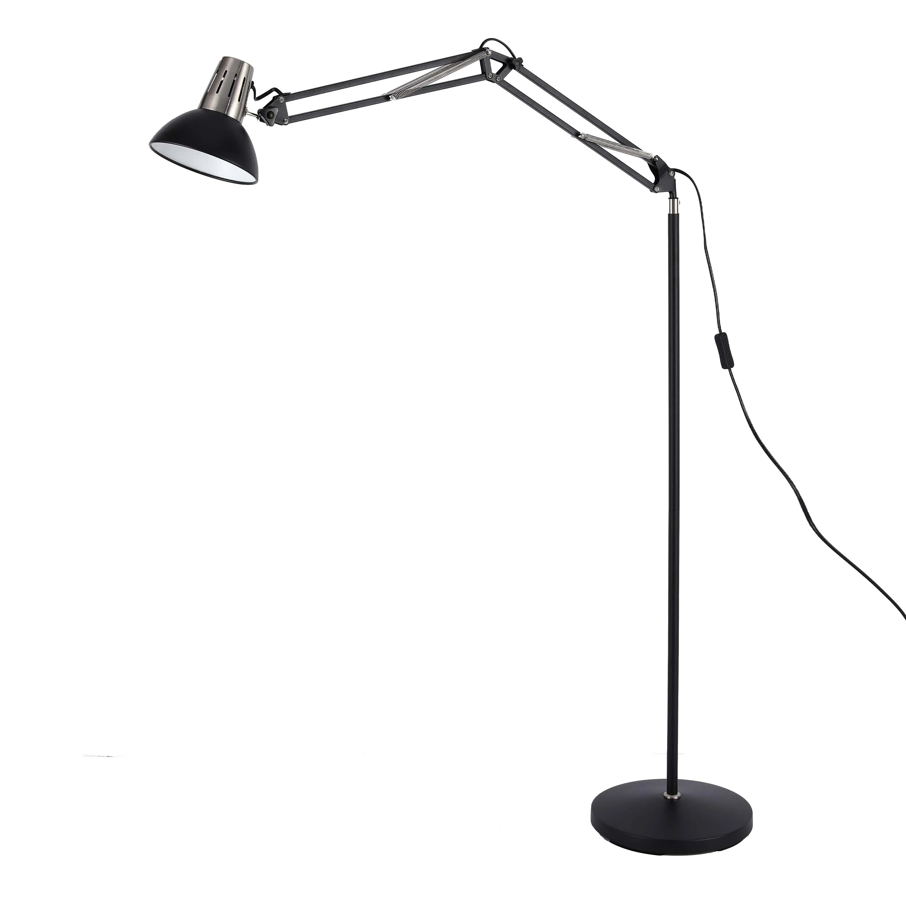 Black adjustable floor lamp, ideal for home offices or reading nooks. Features a sleek, modern design.