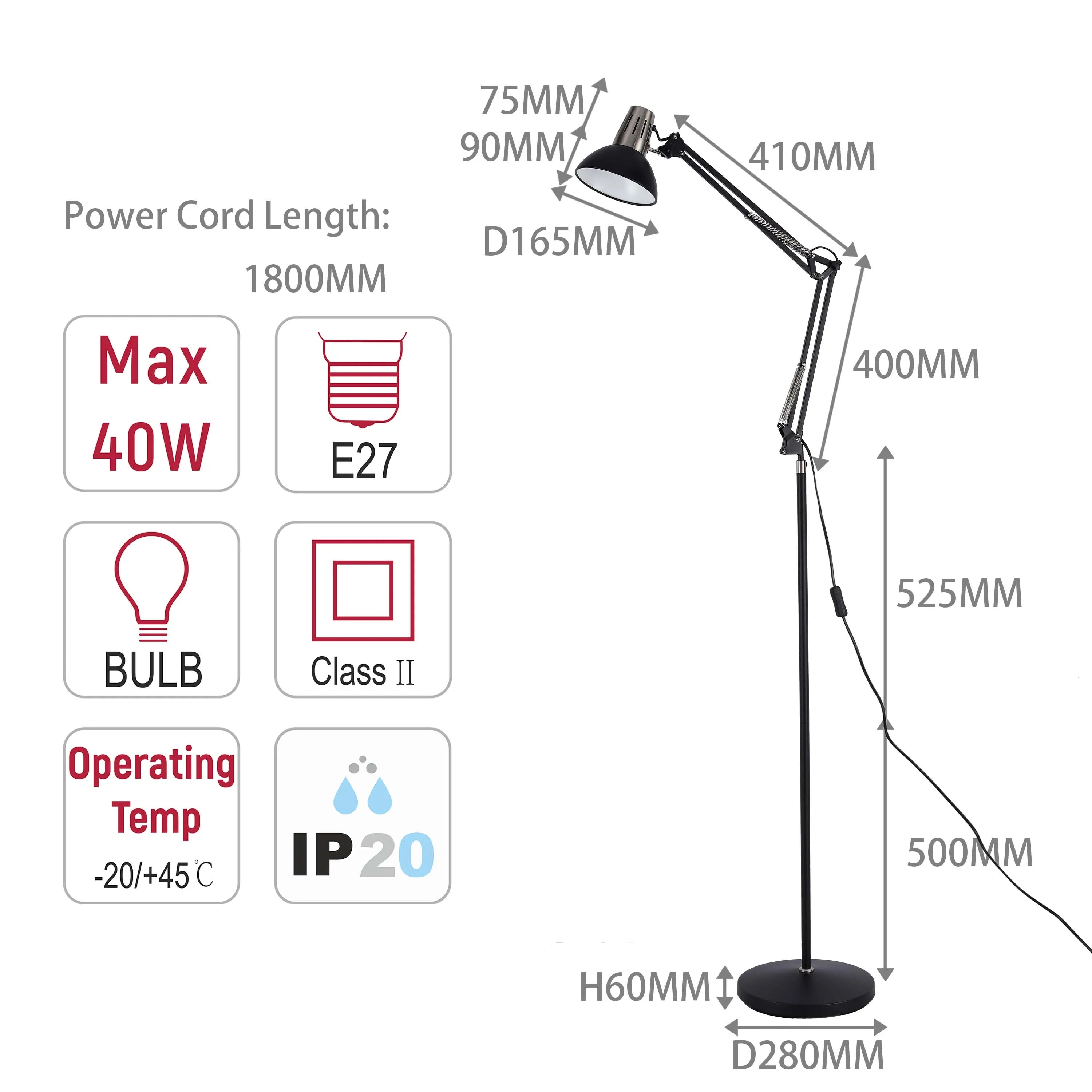 Diagram illustrating the dimensions and specifications of a floor lamp, including bulb type, wattage, cord length, and other measurements.
