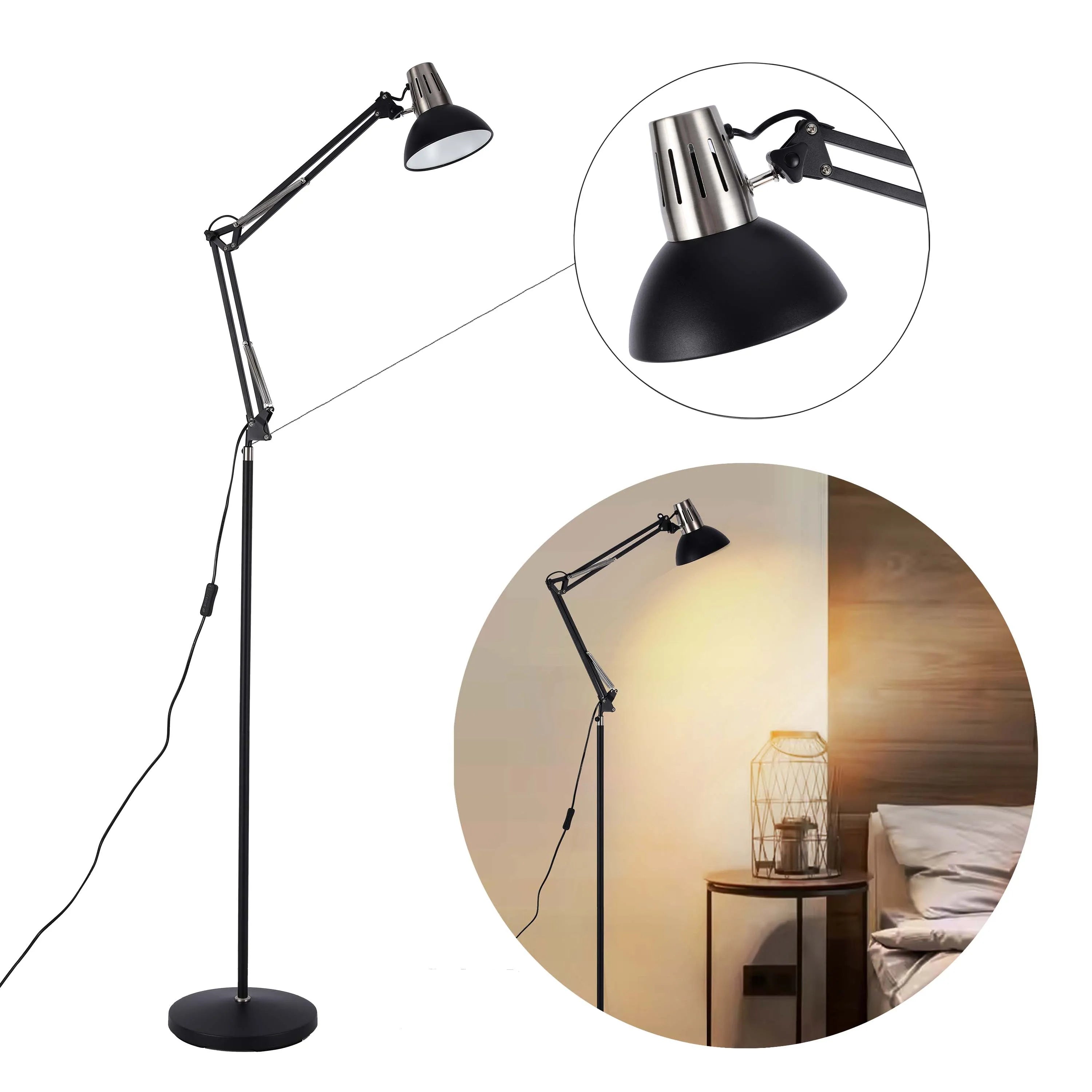 A versatile black floor lamp with adjustable arm. Stylish lighting for the modern home.