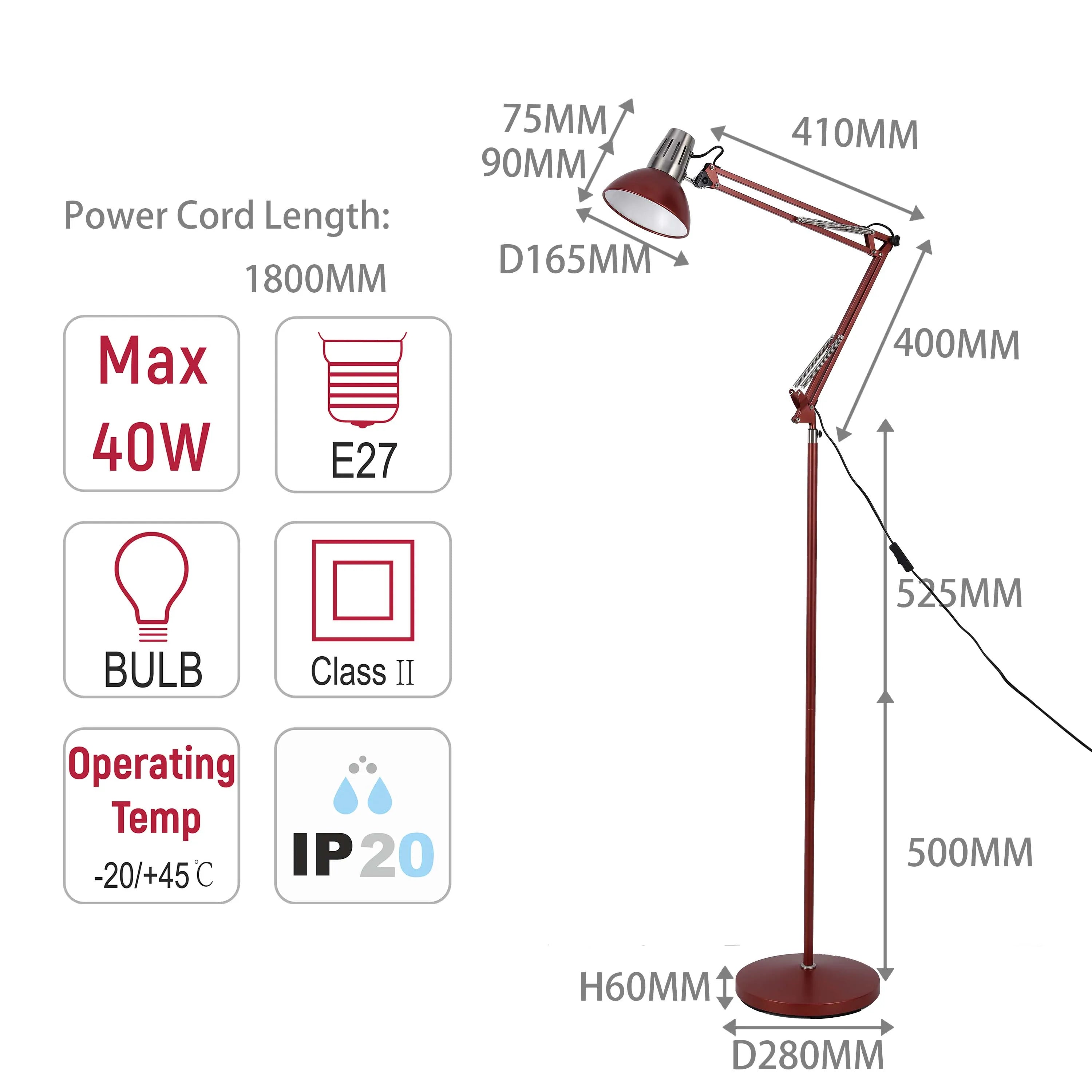 A red floor lamp with an adjustable arm. Diagrams display its dimensions.