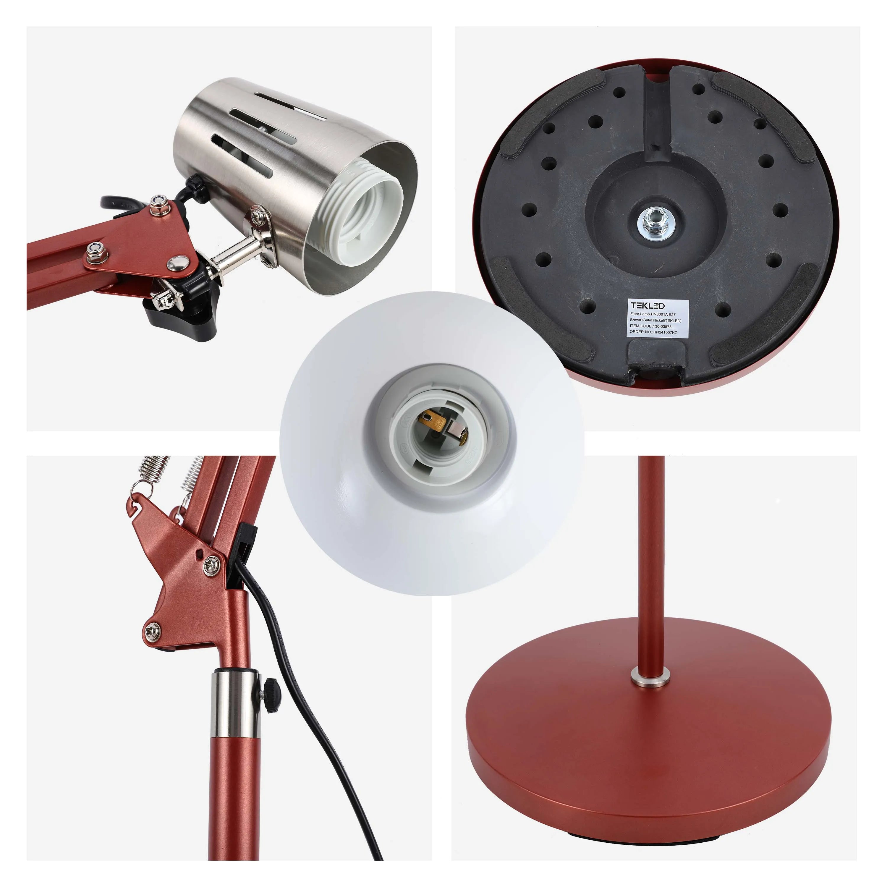 A close up shot of a red adjustable floor lamp with a metallic lamp shade and a black circular base, great for any room!