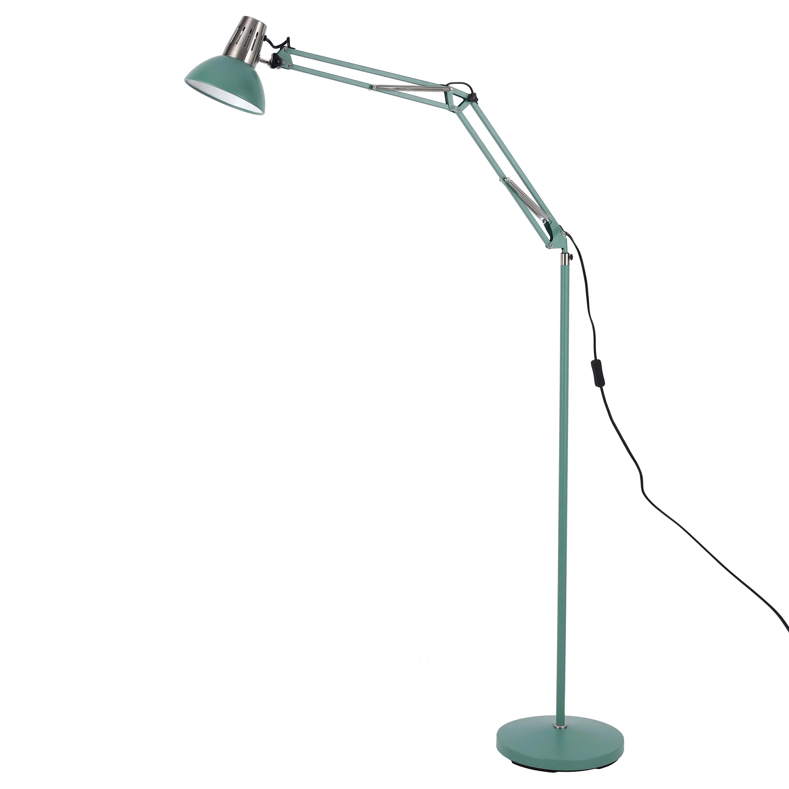 A modern, adjustable, mint-green floor lamp with a silver lamp head, ideal for reading or task lighting.