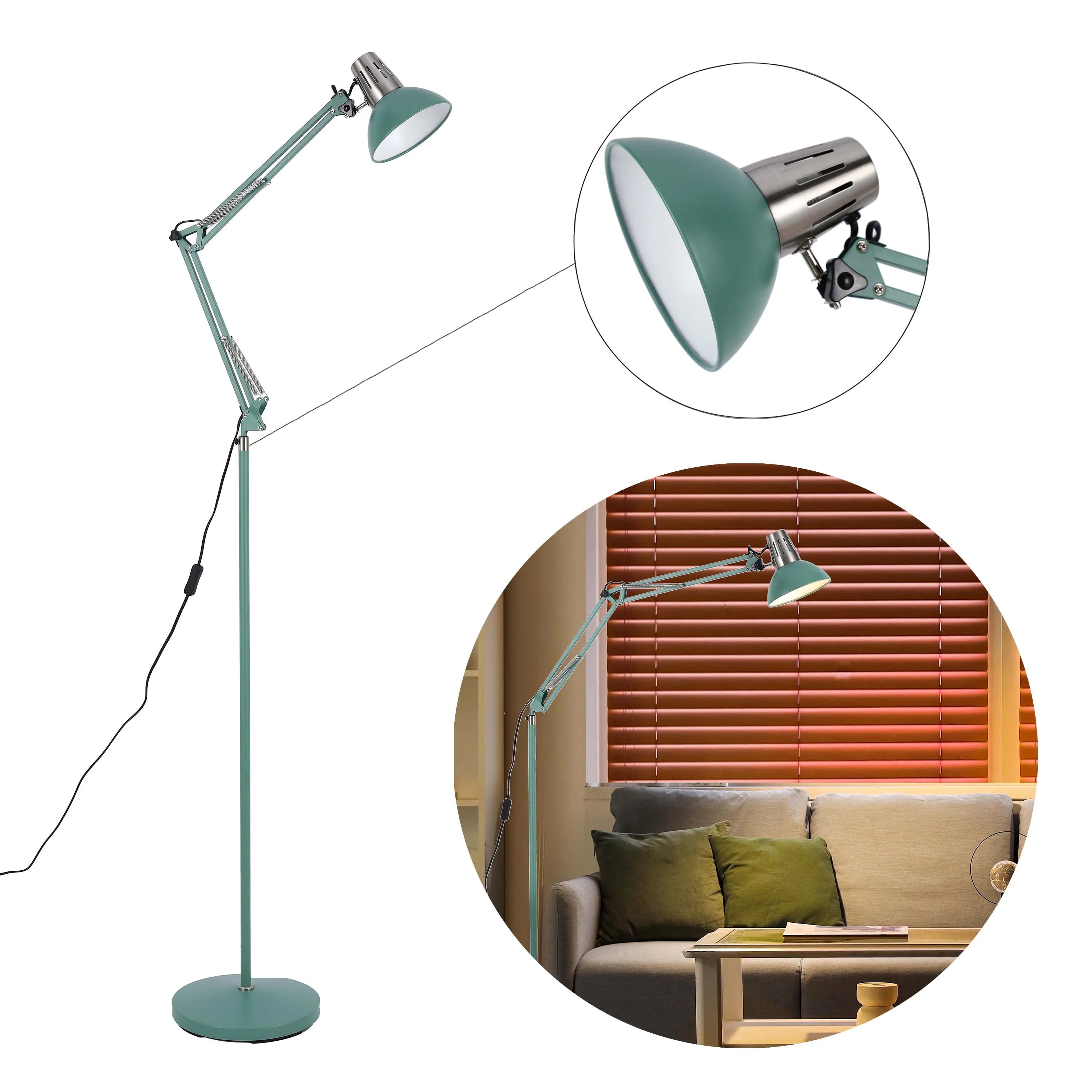 Sage green swing arm floor lamp, with close-up of lamp head. Another lamp is displayed in situ, lighting a living room space.
