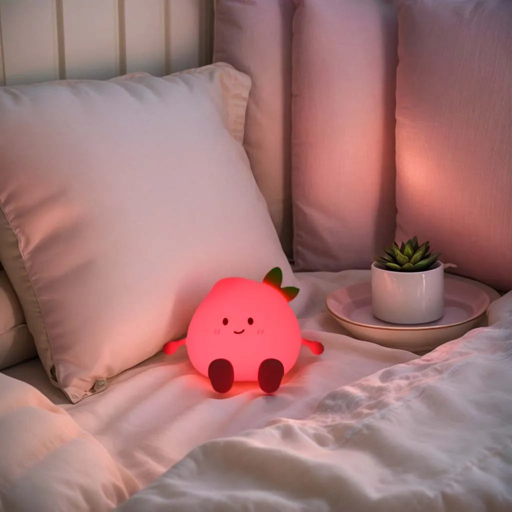 Cosy pink bedside lighting featuring a soft, illuminated fruit-shaped lamp alongside a small potted succulent.