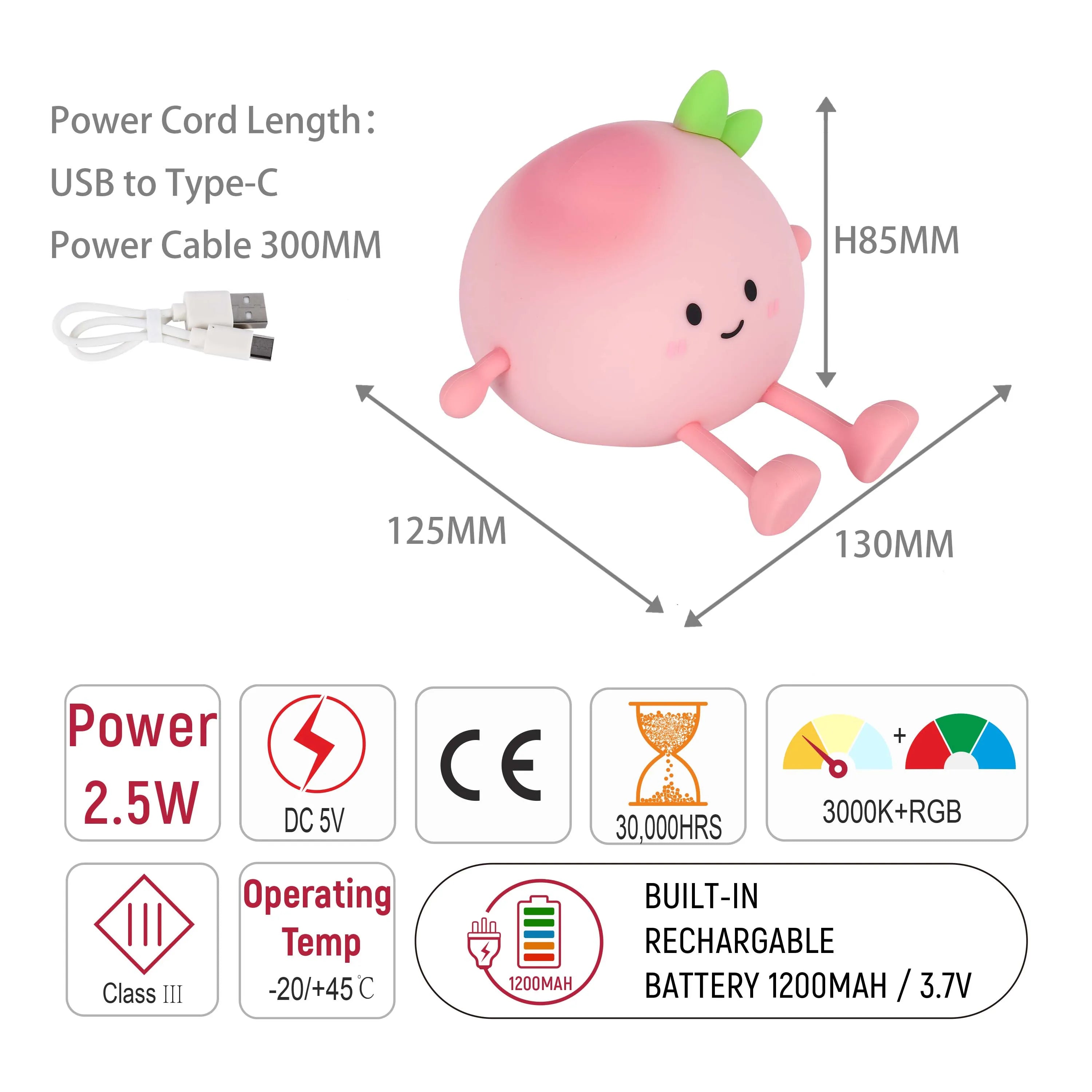 Quirky peach-shaped light with USB charging, offering warm white (3000K) and RGB colour options. It's compact and rechargeable.