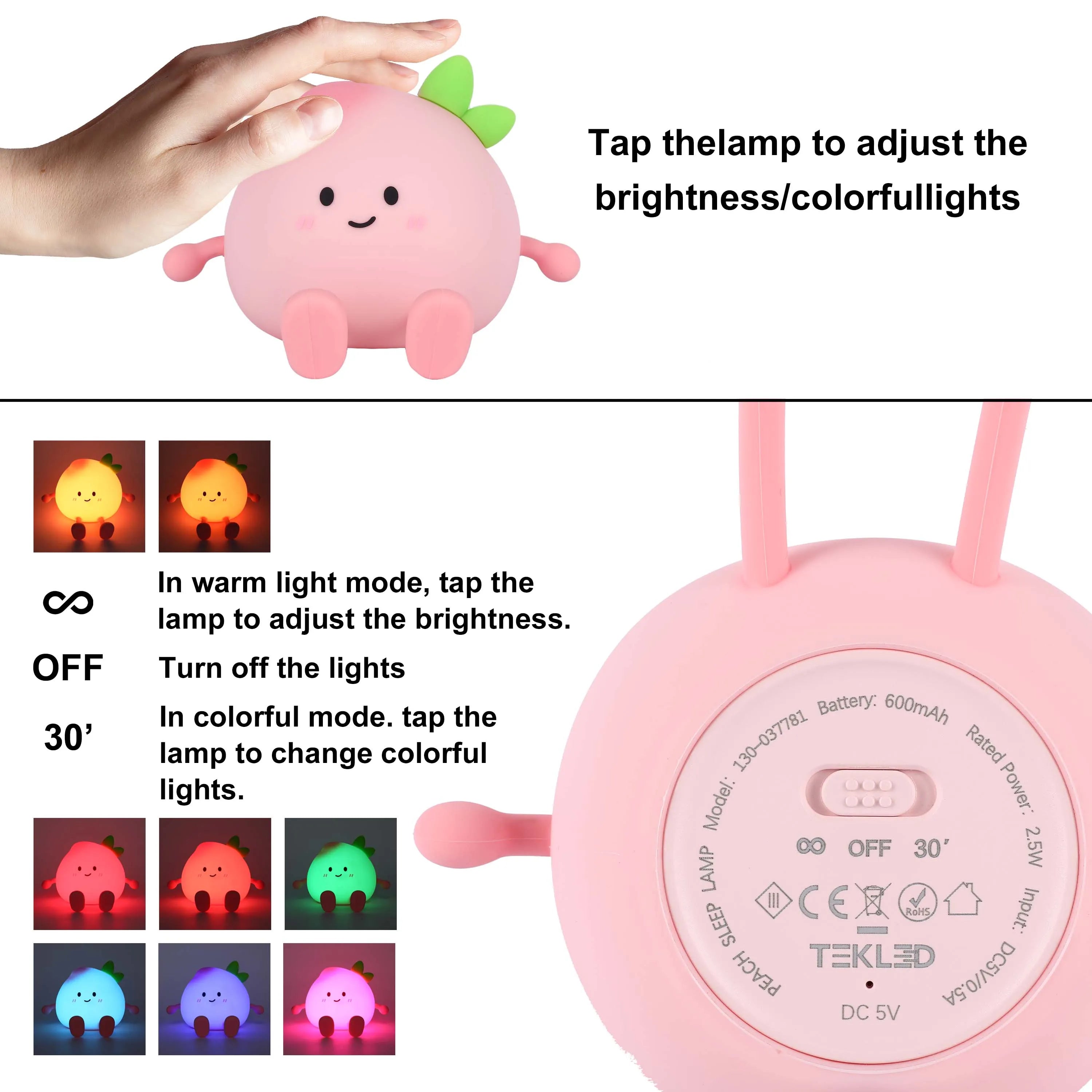 This charming peach lamp offers warm light, multi-coloured lights, or can be turned off. A timer mode is also available.