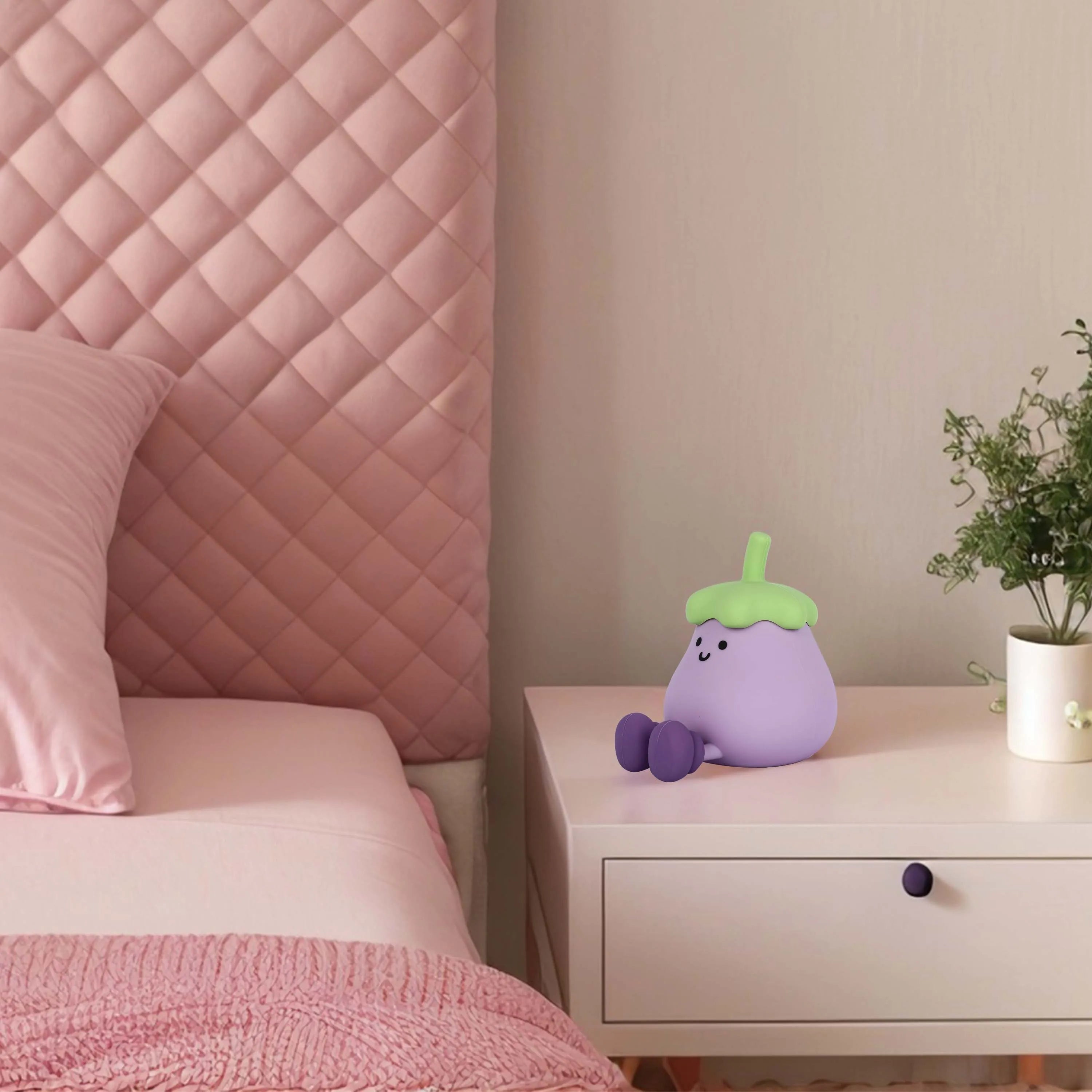 Soft, diffused lighting illuminates this bedroom, creating a warm and inviting atmosphere, highlighting the whimsical bedside lamp.