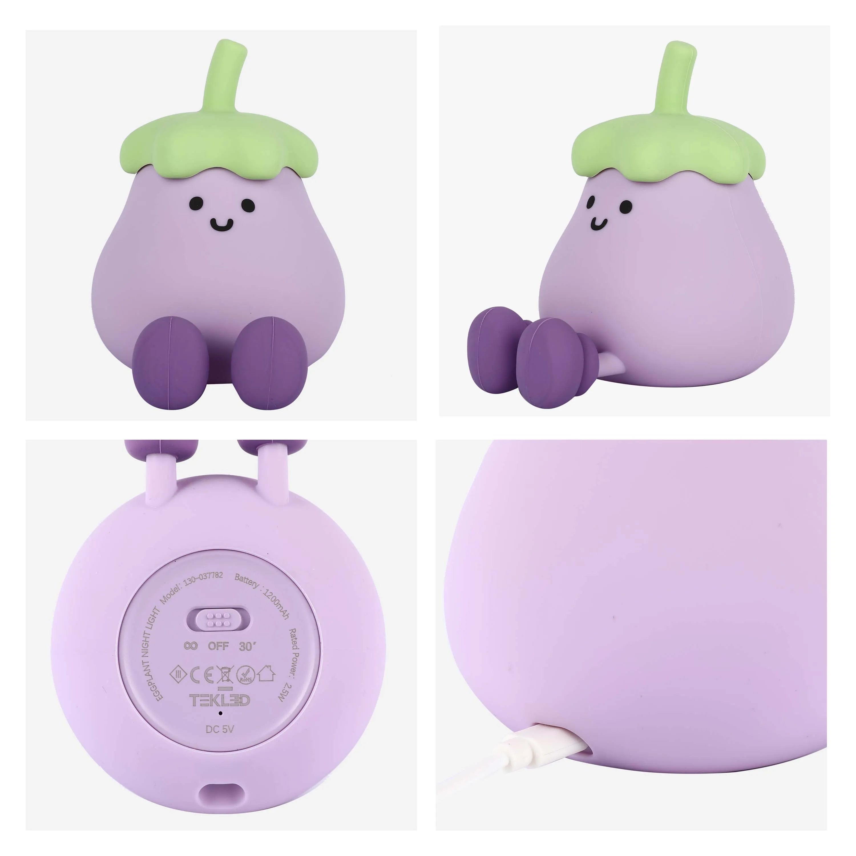 A playful eggplant night light. Soft illumination is showcased in multiple views, highlighting its charming design.
