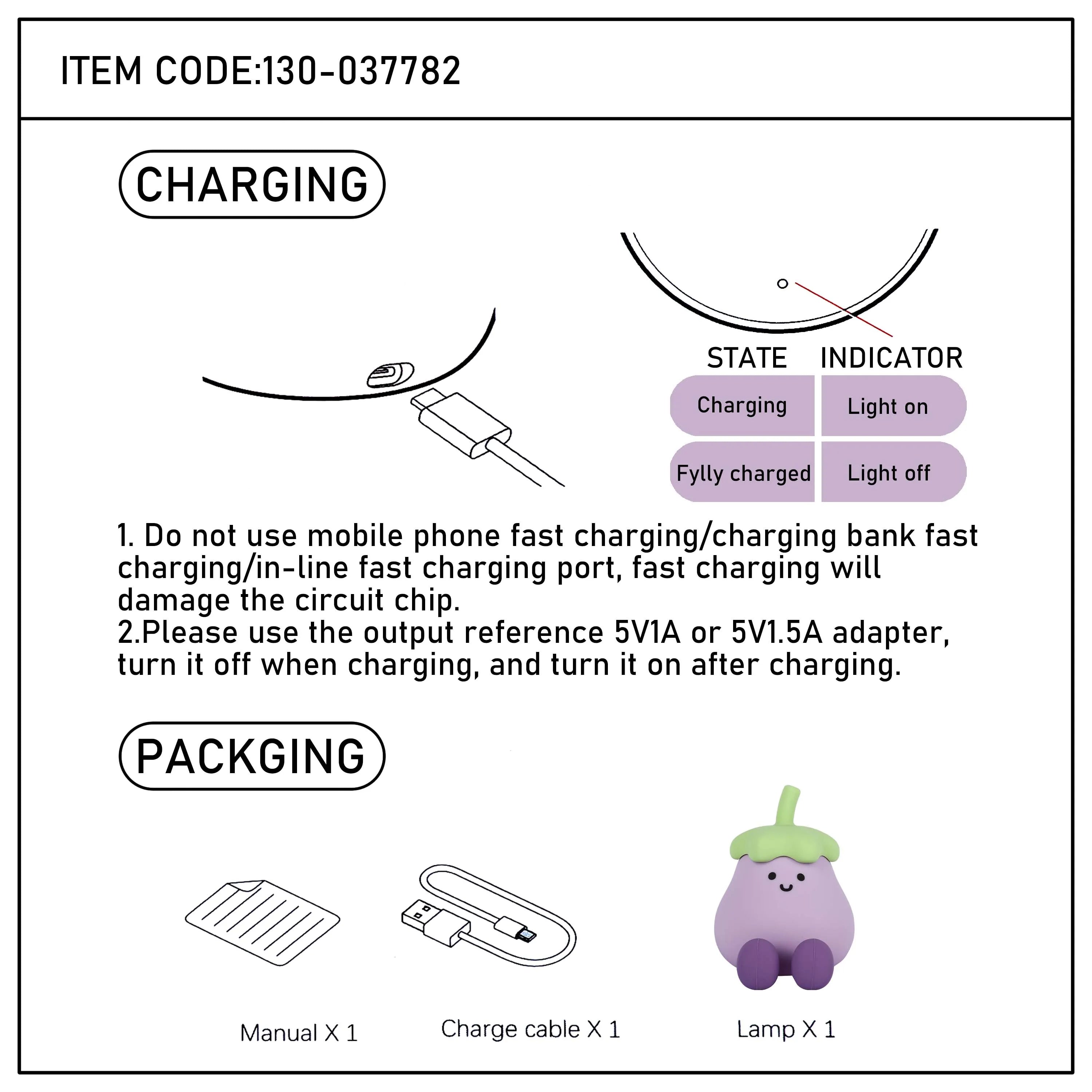 Diagram shows a charging table lamp. Light on when charging, off when fully charged. Included are a manual and charging cable.