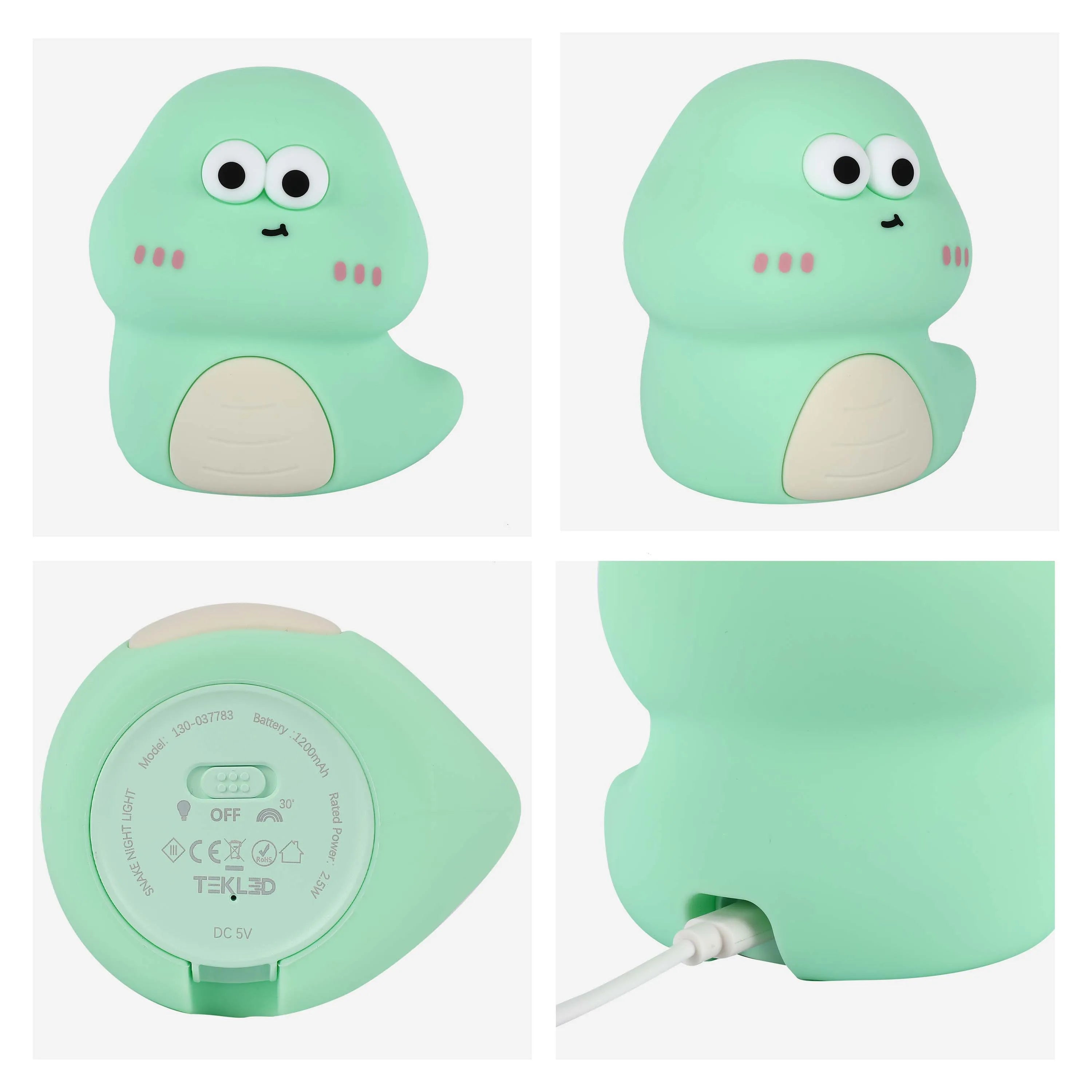 A mint green, cartoon dinosaur night light with white features and a white cable inserted at the base. The base includes the on/off switch.