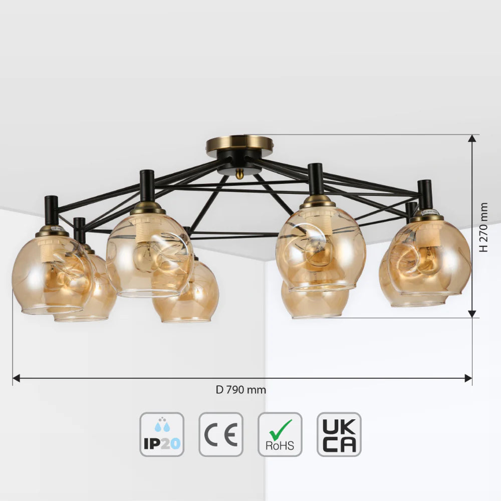 A stylish, multi-bulb ceiling light fixture with amber glass shades and a black frame, offering warm and inviting illumination.