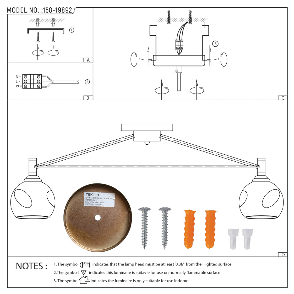 Diagram of a two-light ceiling fixture with installation instructions. Shows screws, wires, and safety symbols.