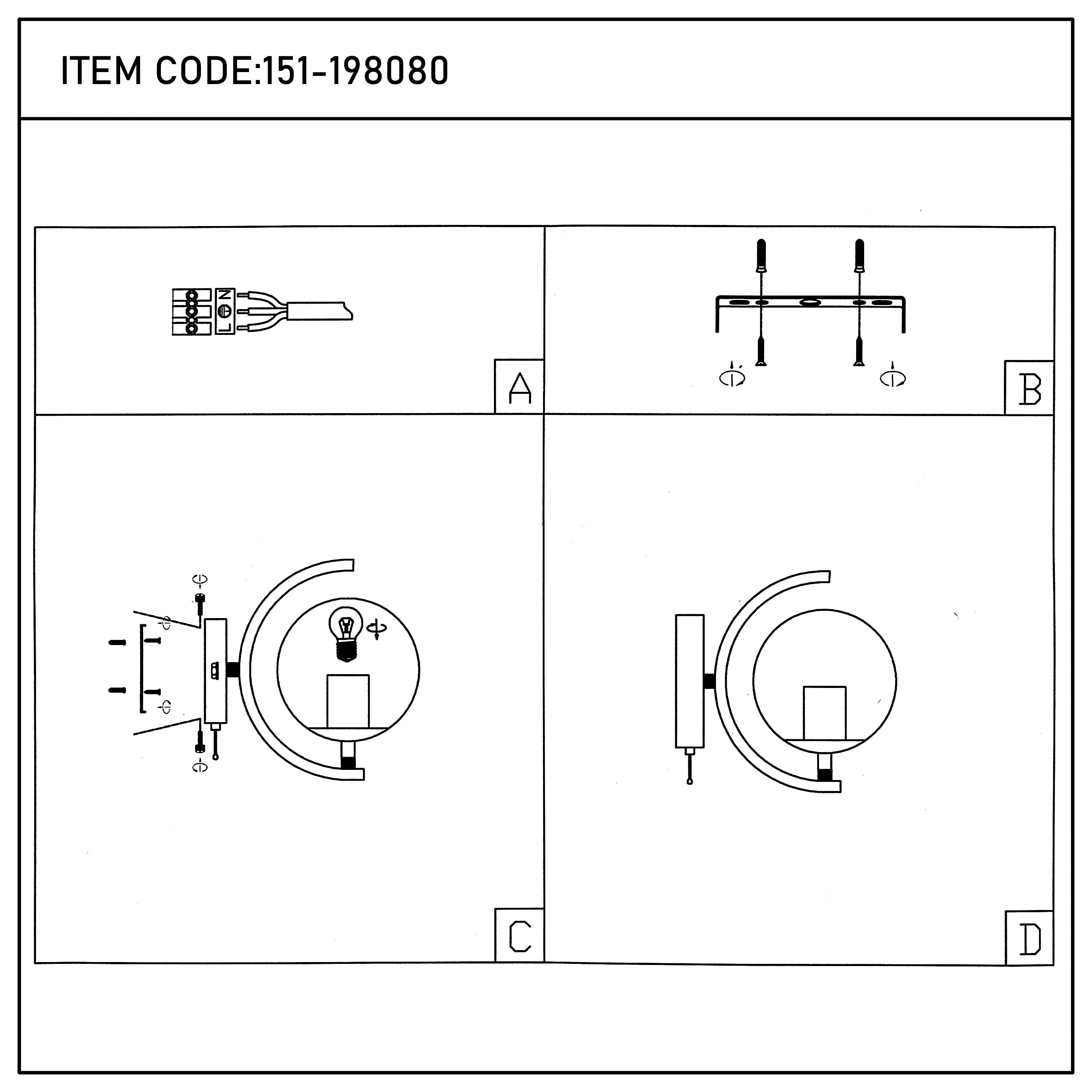 A diagram showing the steps to install a curved sconce light to a wall. The item code is 151-198080.